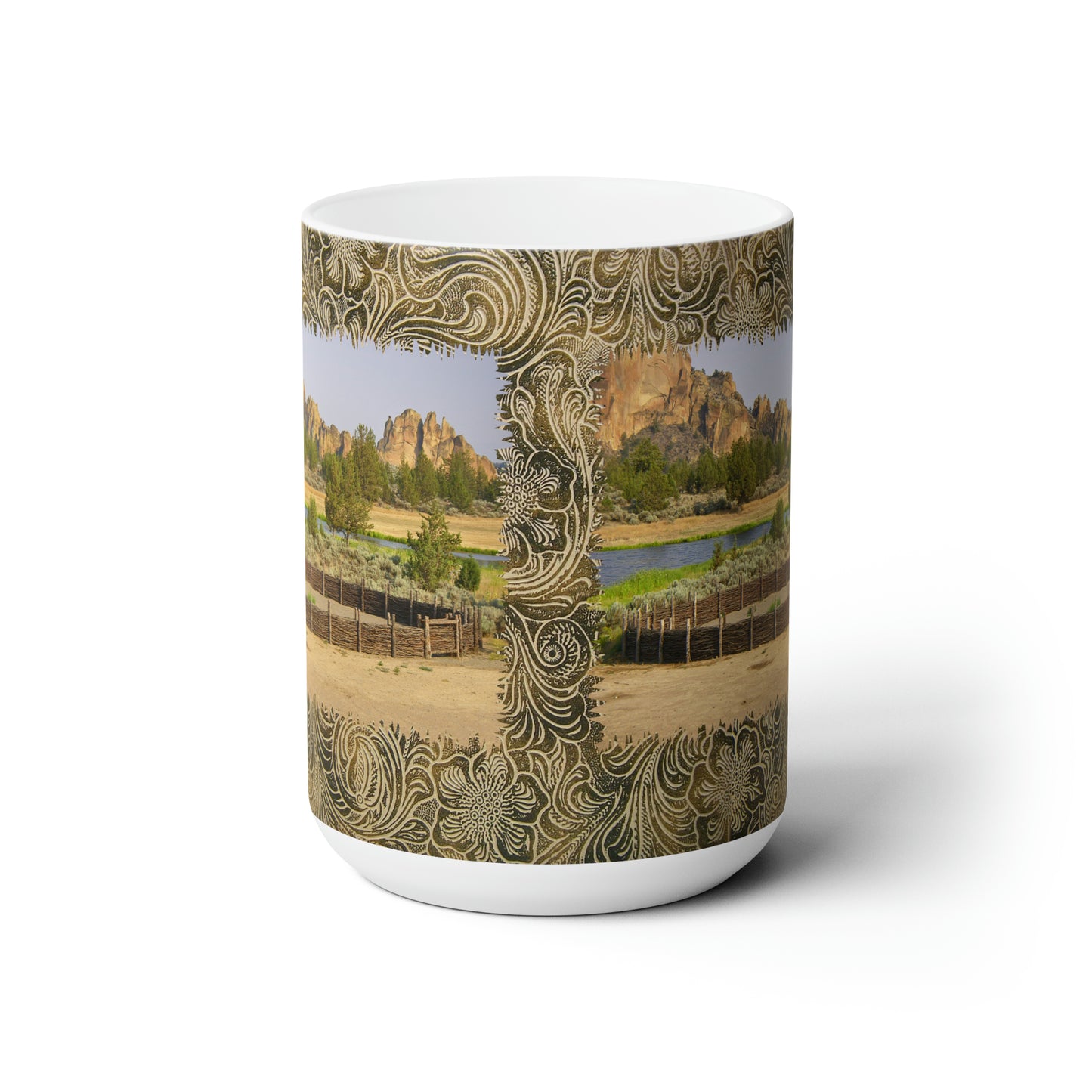 Scenic Round Pen with Printed Leather Background Ceramic Mug 15oz