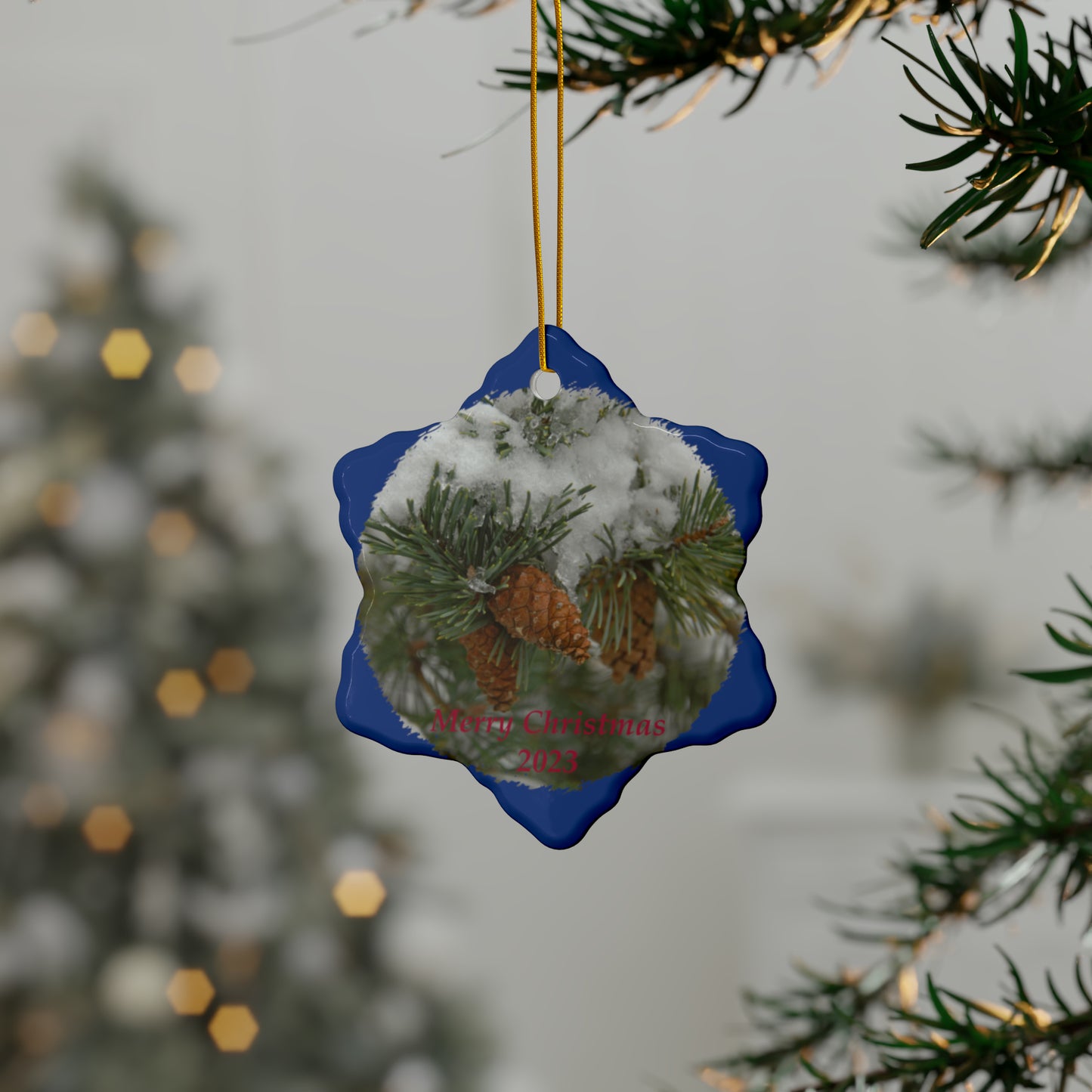 Snowy Fir Cones Merry Christmas 2023 Ceramic Ornaments