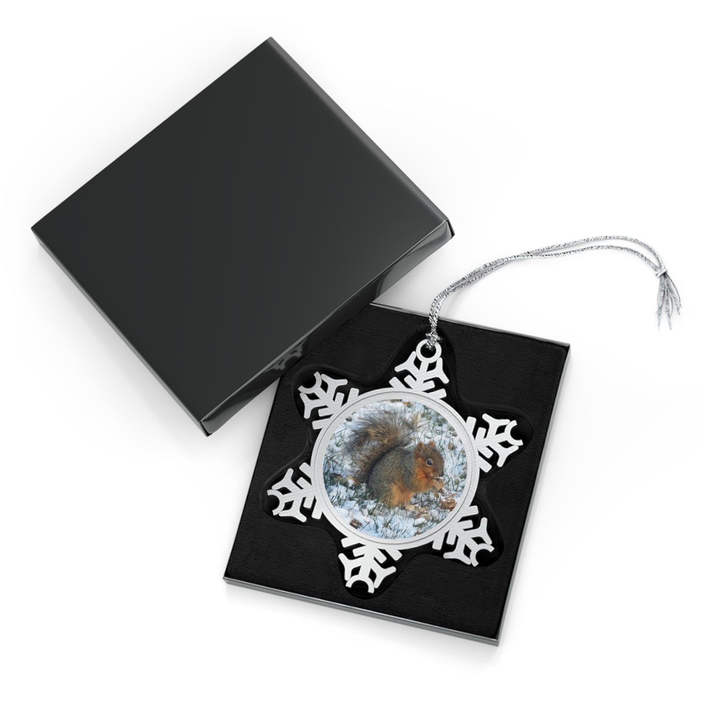 Winter Squirrel Pewter Snowflake Ornament
