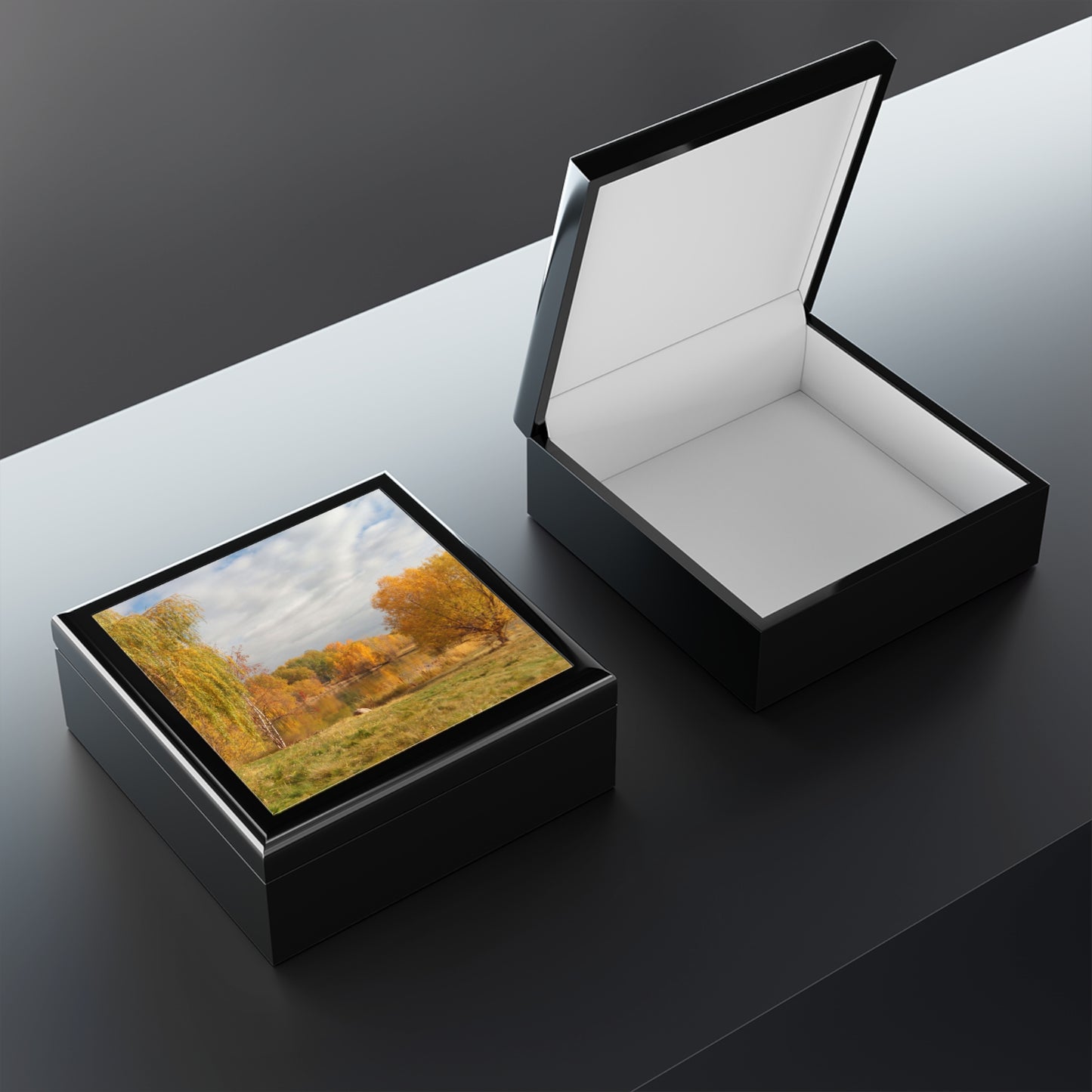 Golden Autumn Pond Jewelry Box ~ 7.24"