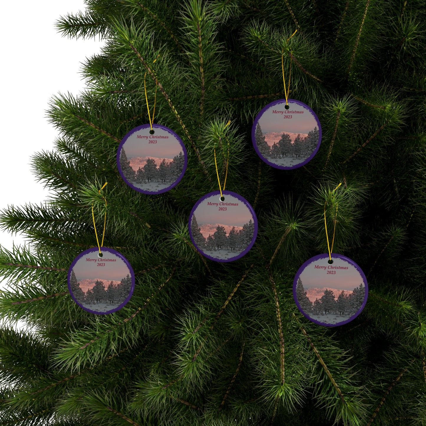 Winter Sunset Merry Christmas 2023 Ceramic Ornaments