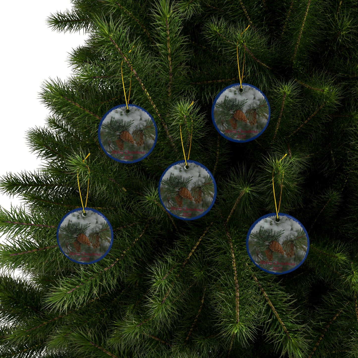 Snowy Fir Cones Merry Christmas 2023 Ceramic Ornaments