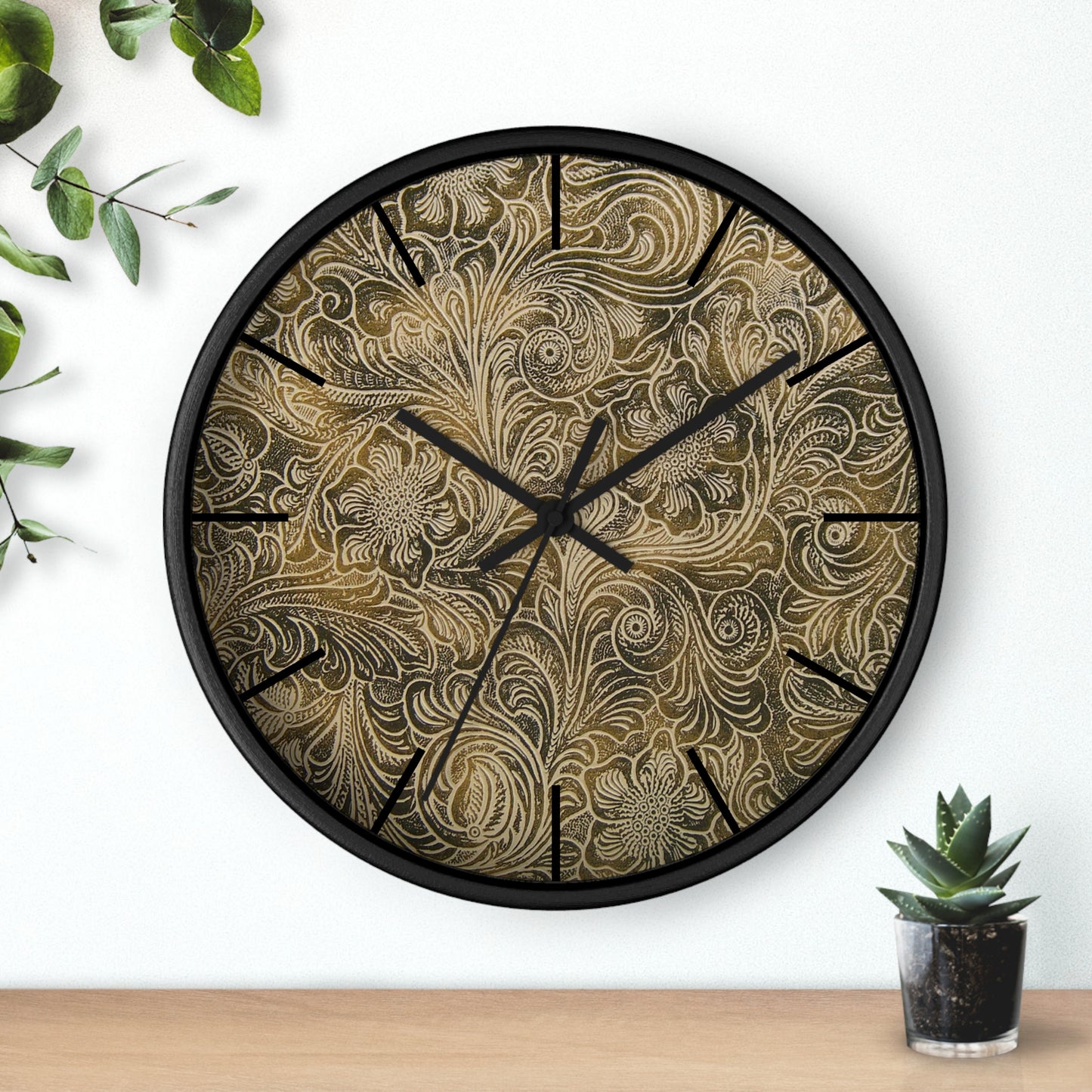 Western Leather Print Framed Wall Clock