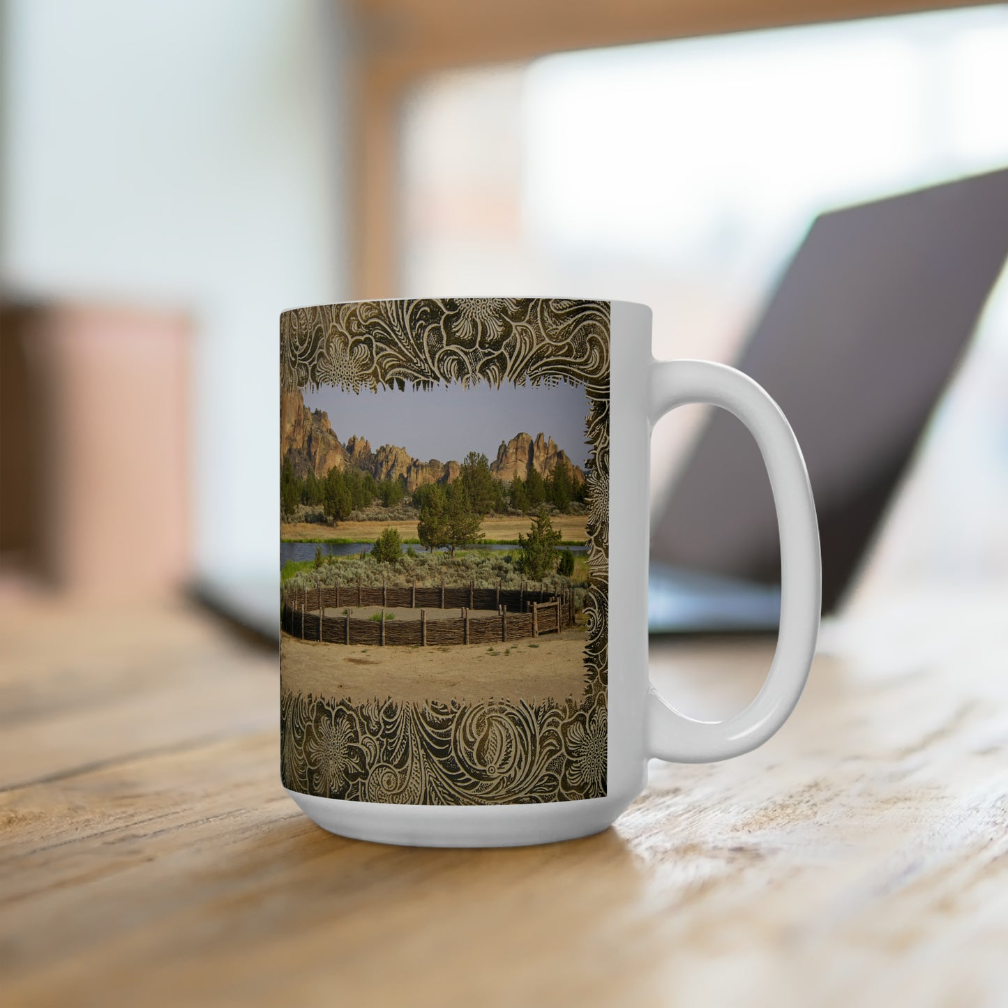 Scenic Round Pen with Printed Leather Background Ceramic Mug 15oz