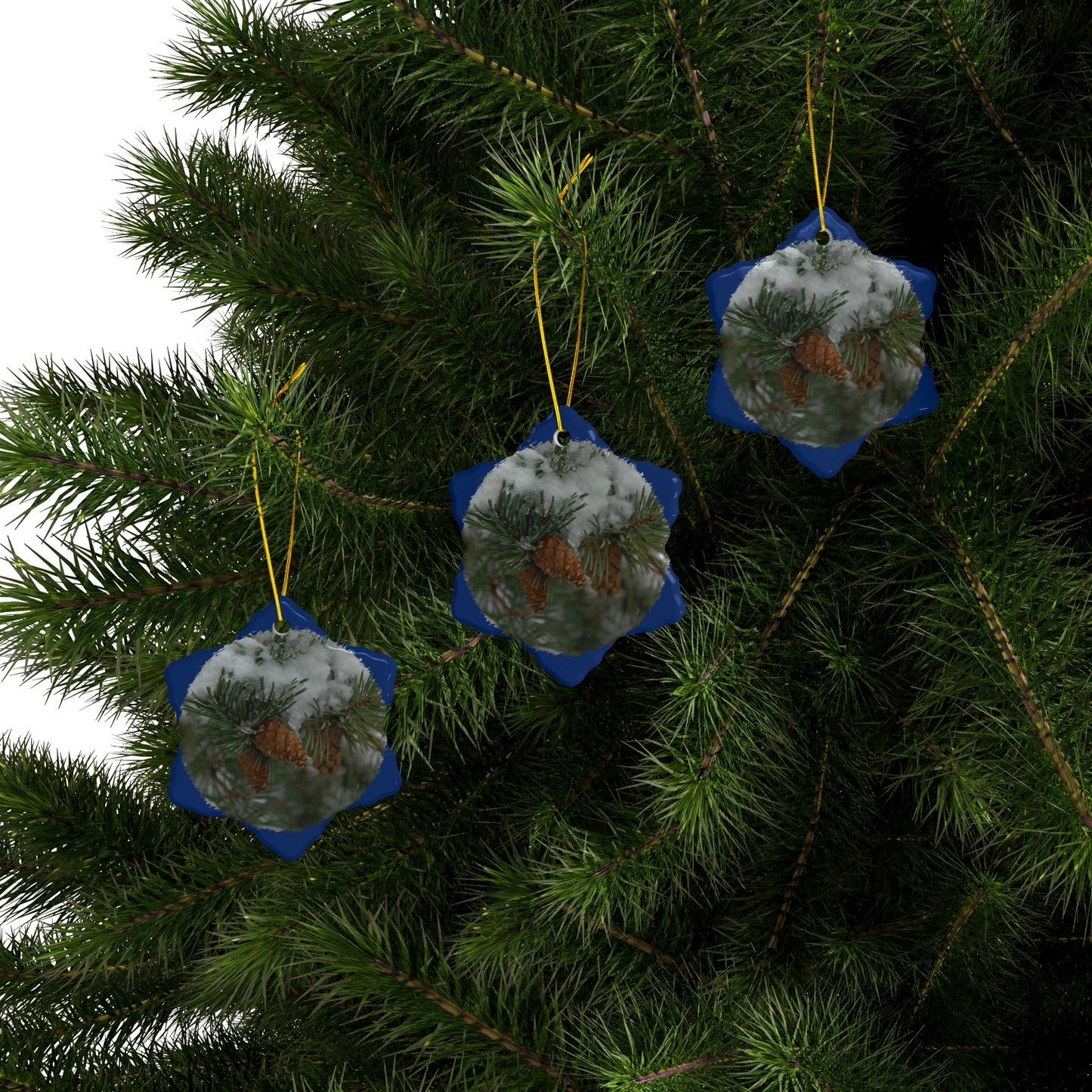 Snowy Fir Cones Ceramic Ornaments