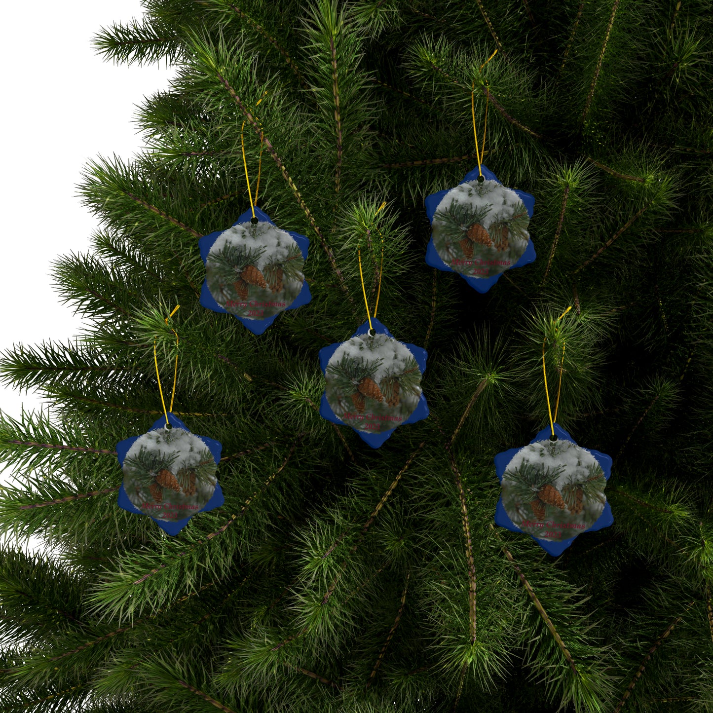 Snowy Fir Cones Merry Christmas 2023 Ceramic Ornaments