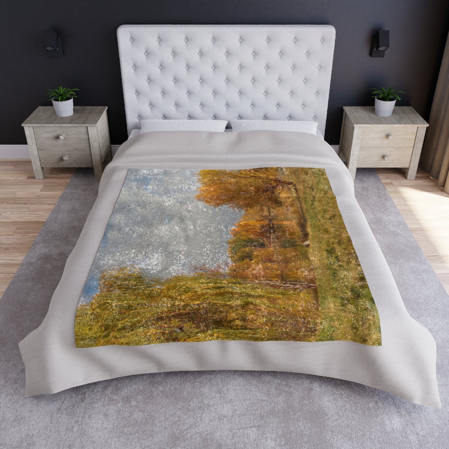 Golden Autumn Pond Shiny Crushed Velvet Blanket