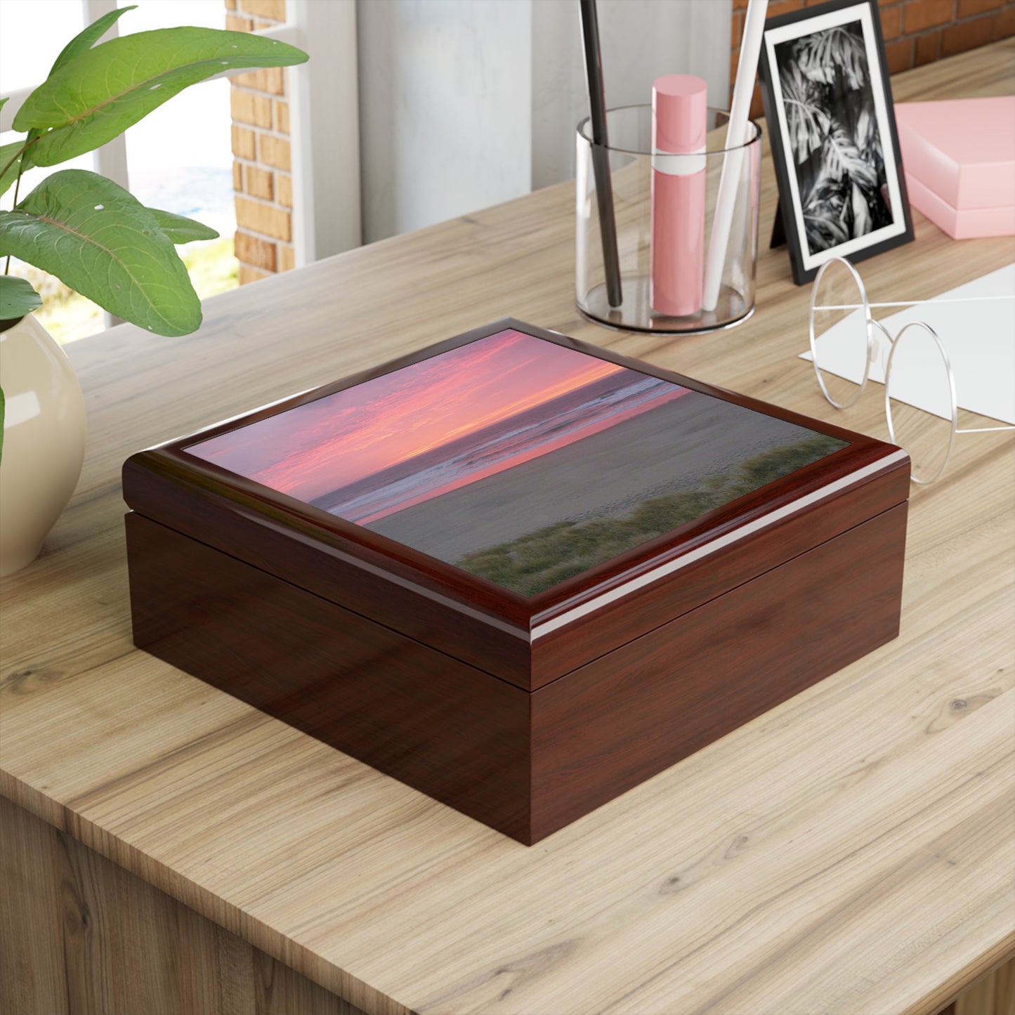 Pink Ocean Sunset Jewelry Box ~ 7.24"