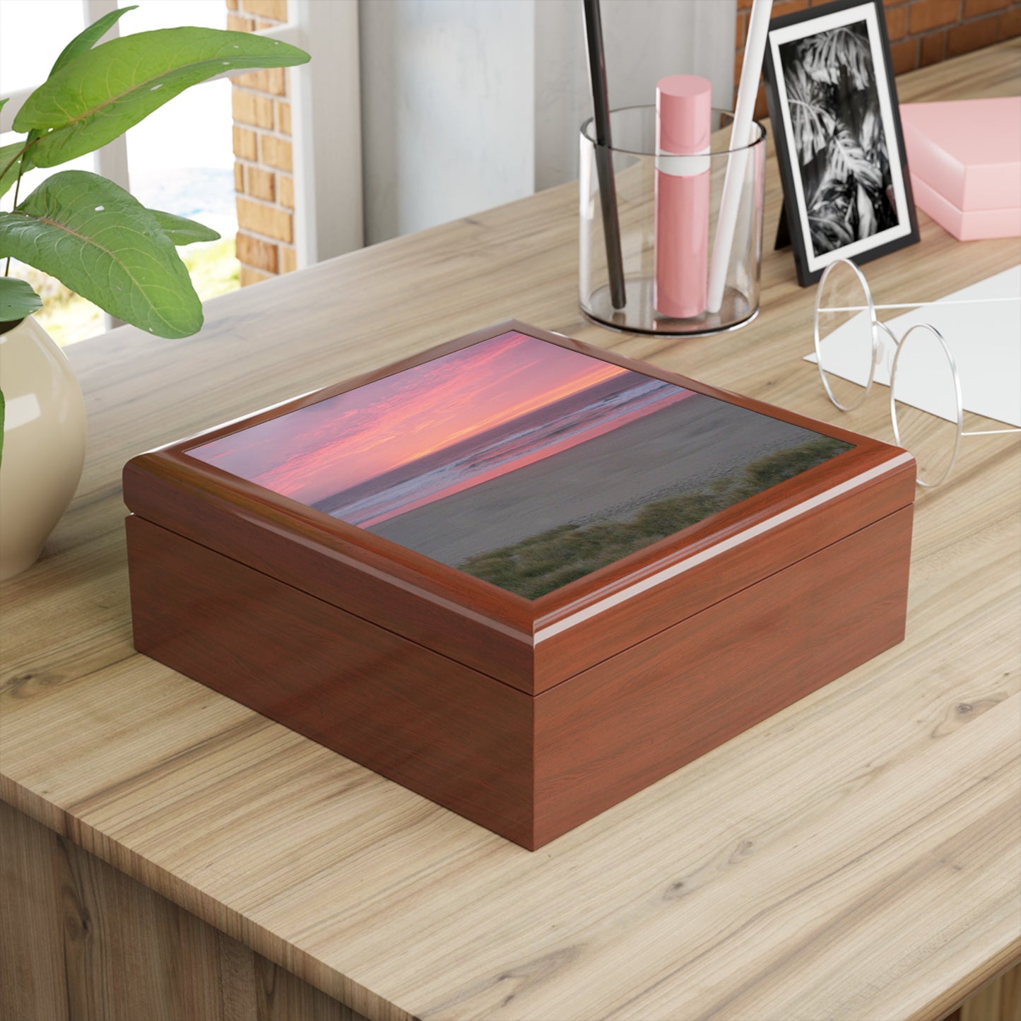 Pink Ocean Sunset Jewelry Box ~ 7.24"