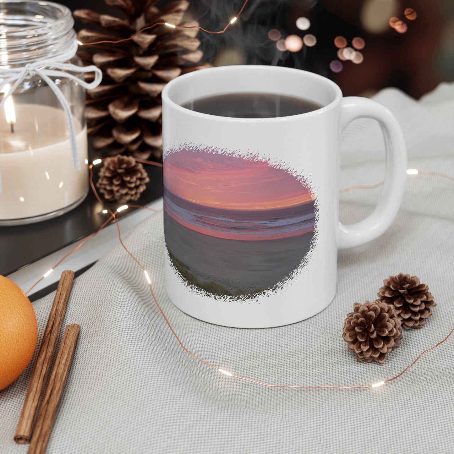 Pink Ocean Sunset Oval Ceramic Mug 11oz