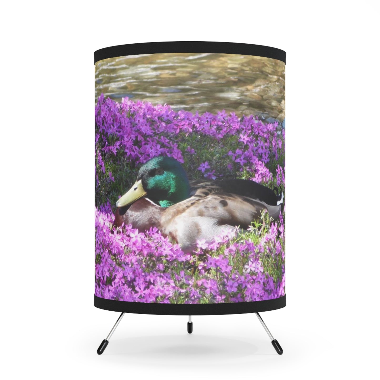 Duck Resting In Flowers Tripod Lamp