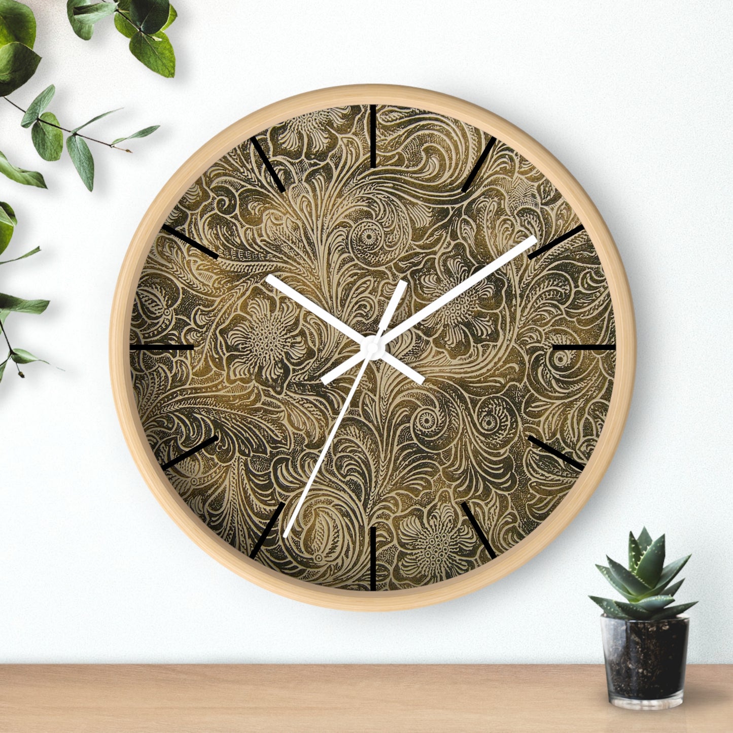 Western Leather Print Framed Wall Clock