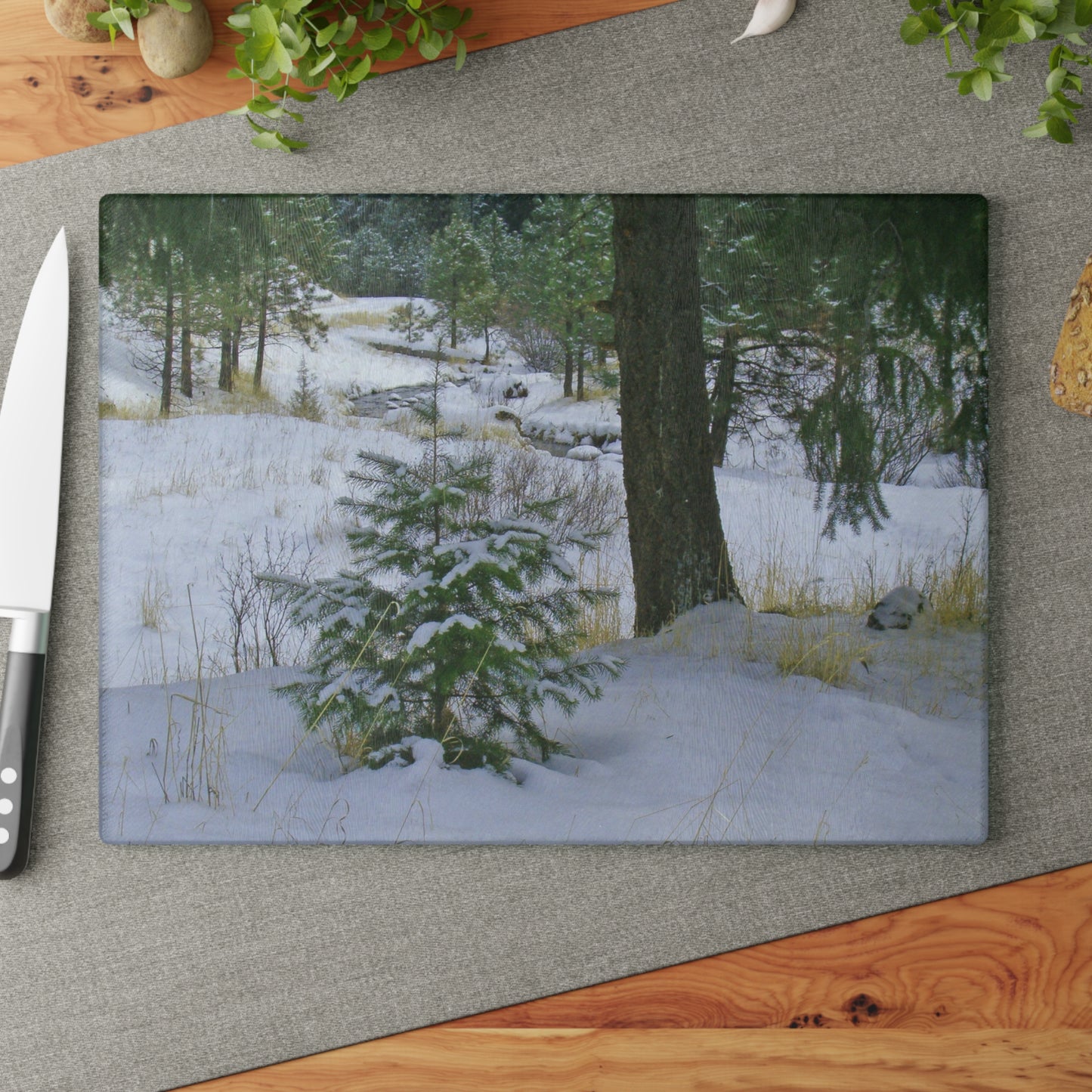 Christmas Tree Creek Glass Cutting Board Hand Wash