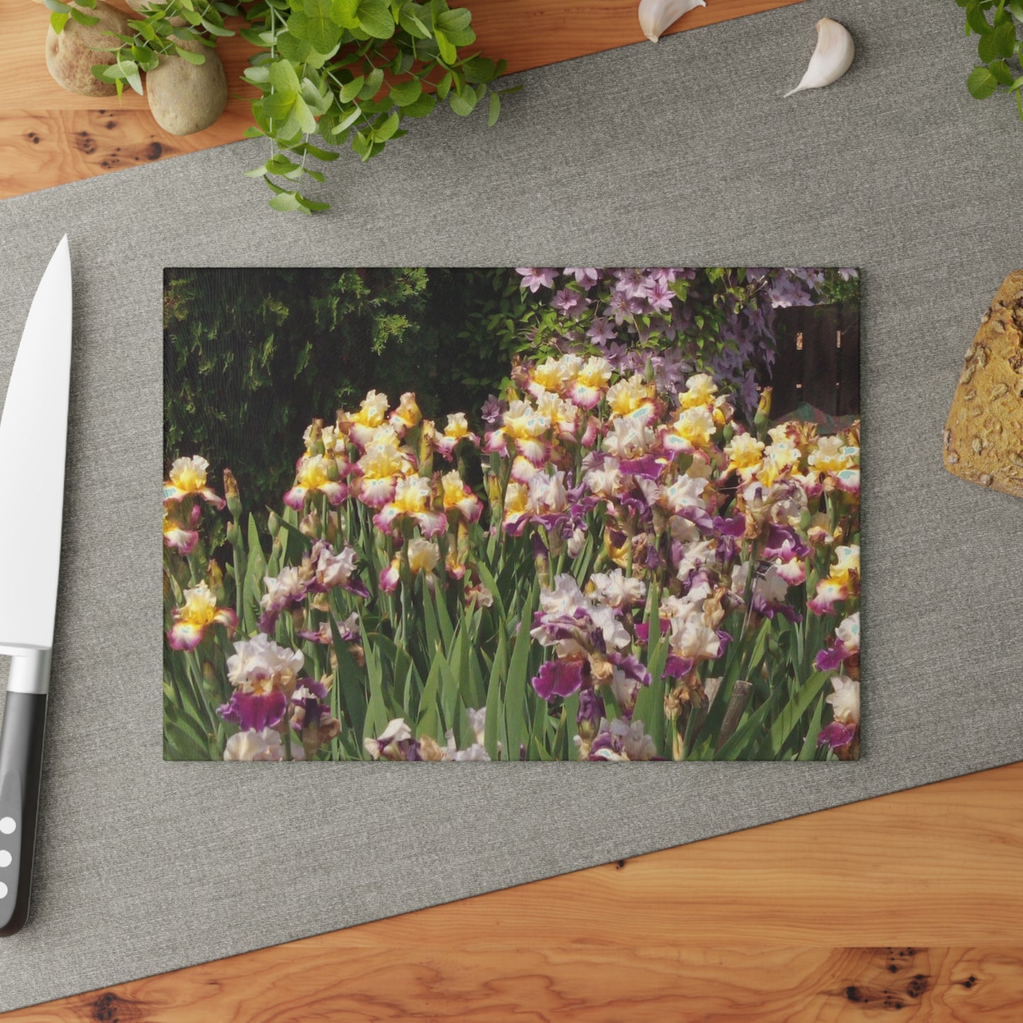 Sunny Iris Garden Glass Cutting Board Hand Wash