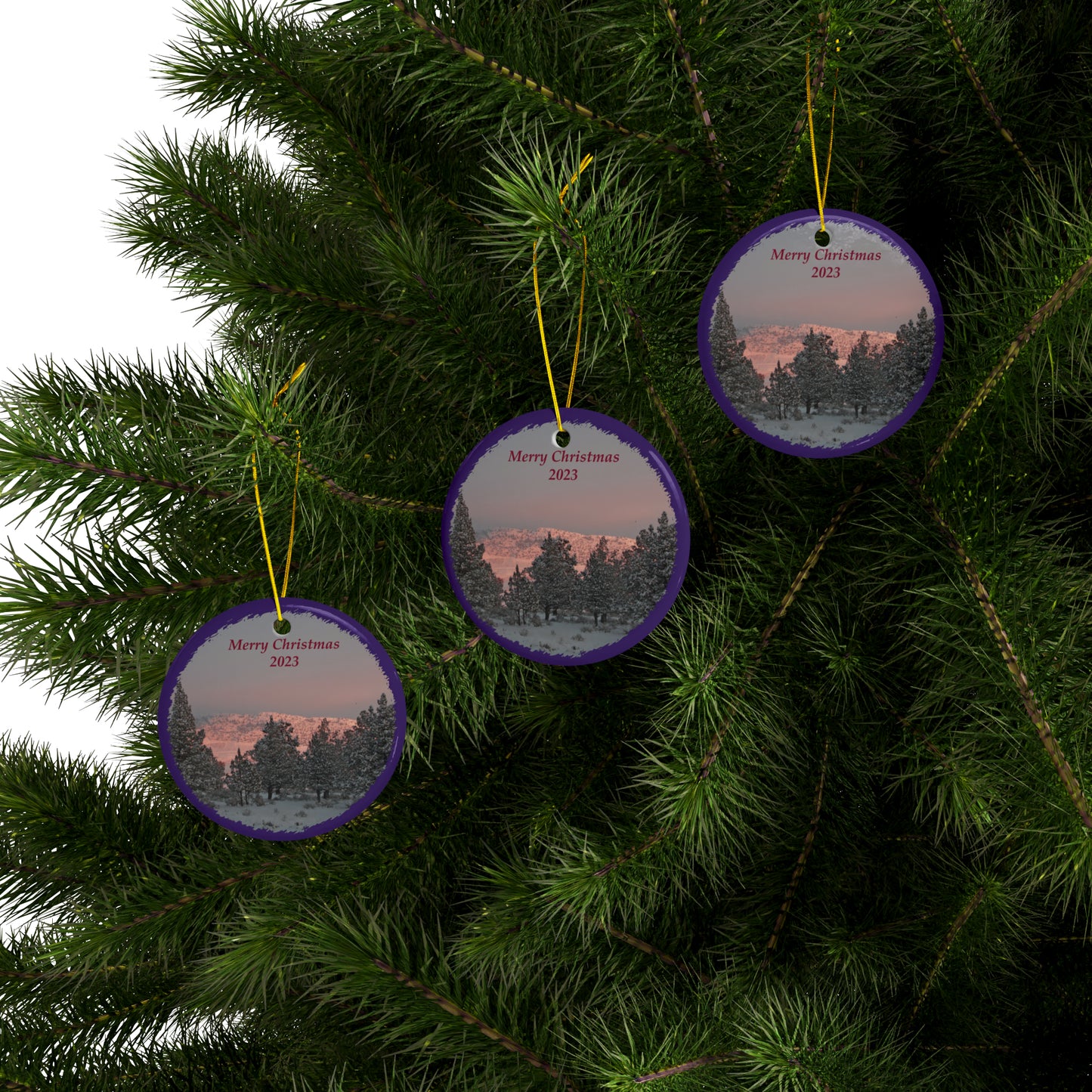Winter Sunset Merry Christmas 2023 Ceramic Ornaments