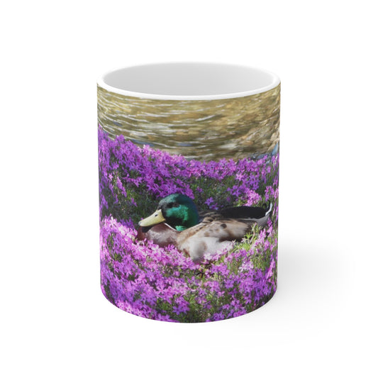 Duck Resting In Flowers Ceramic Mug 11oz