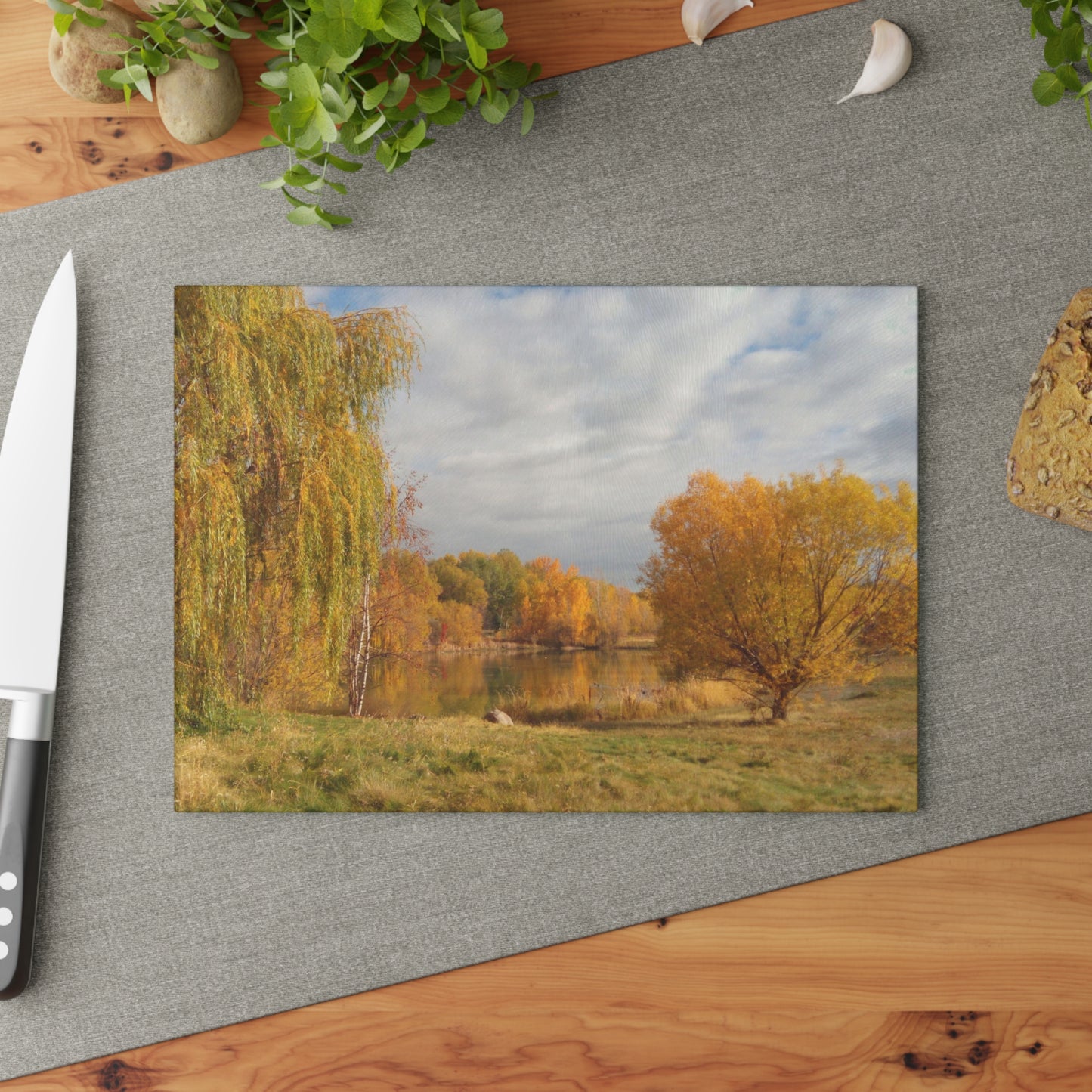 Golden Autumn Pond Glass Cutting Board Hand Wash