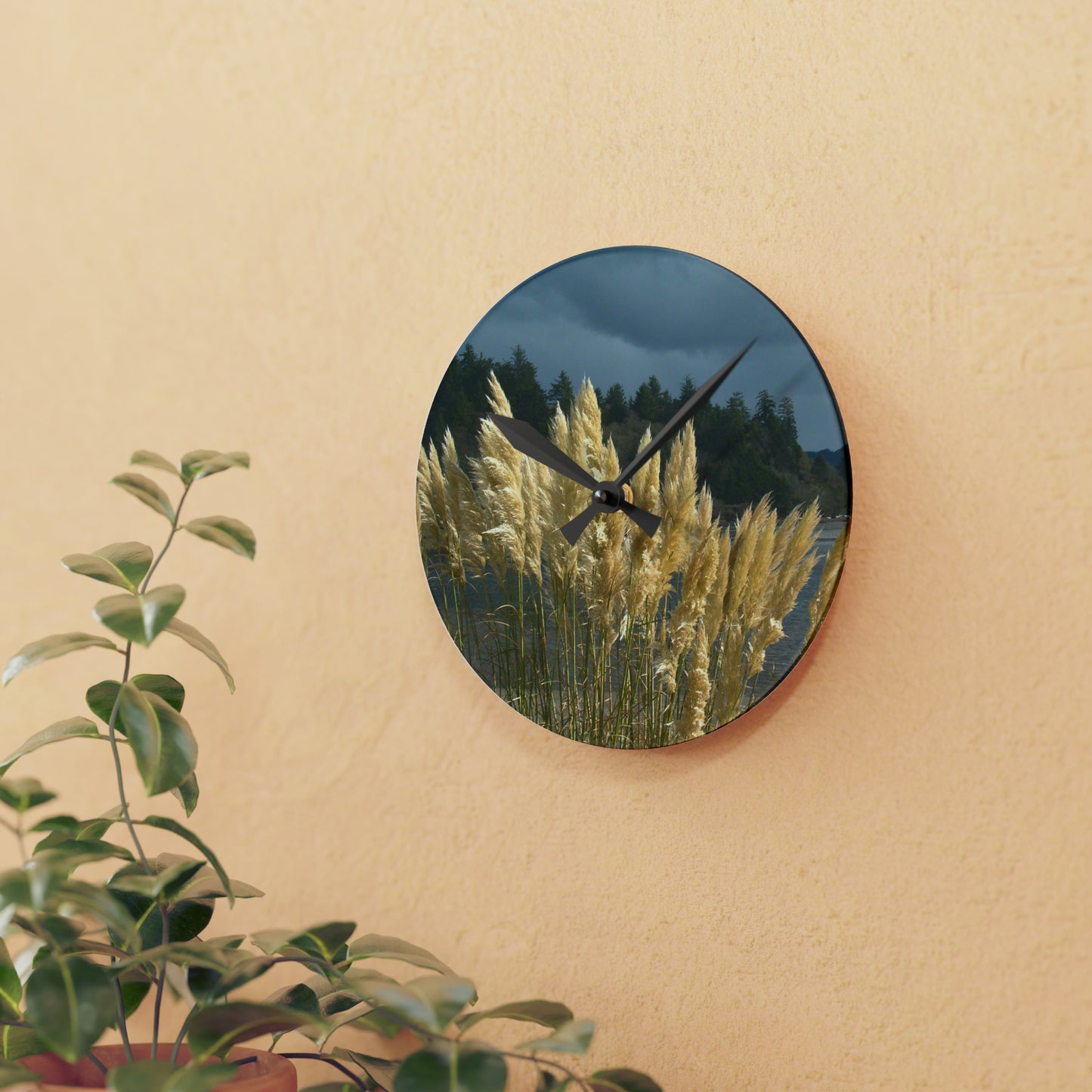 Golden Coastal Pampas Acrylic Wall Clock