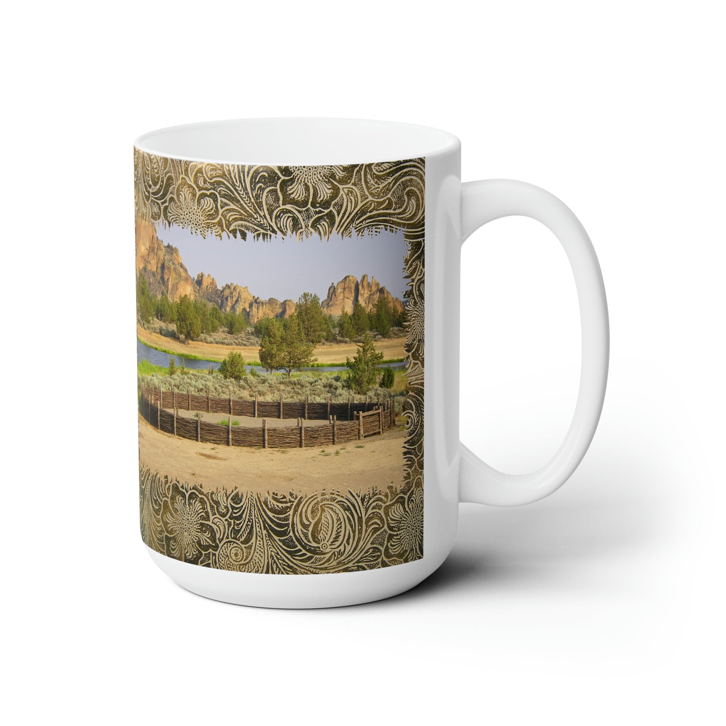 Scenic Round Pen with Printed Leather Background Ceramic Mug 15oz
