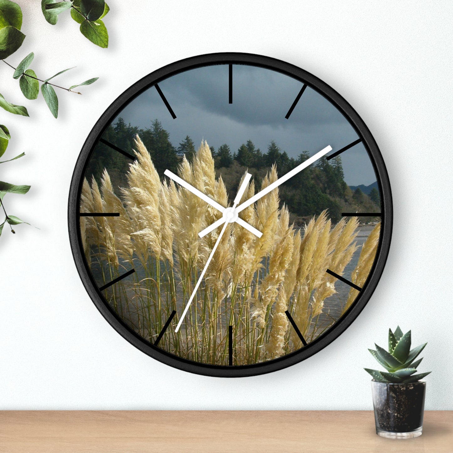 Golden Coastal Pampas Wall Clock