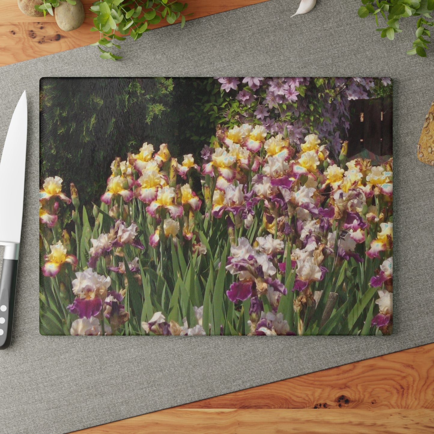 Sunny Iris Garden Glass Cutting Board Hand Wash