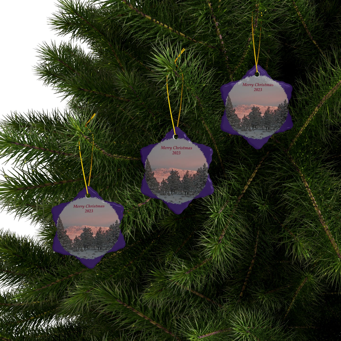 Winter Sunset Merry Christmas 2023 Ceramic Ornaments