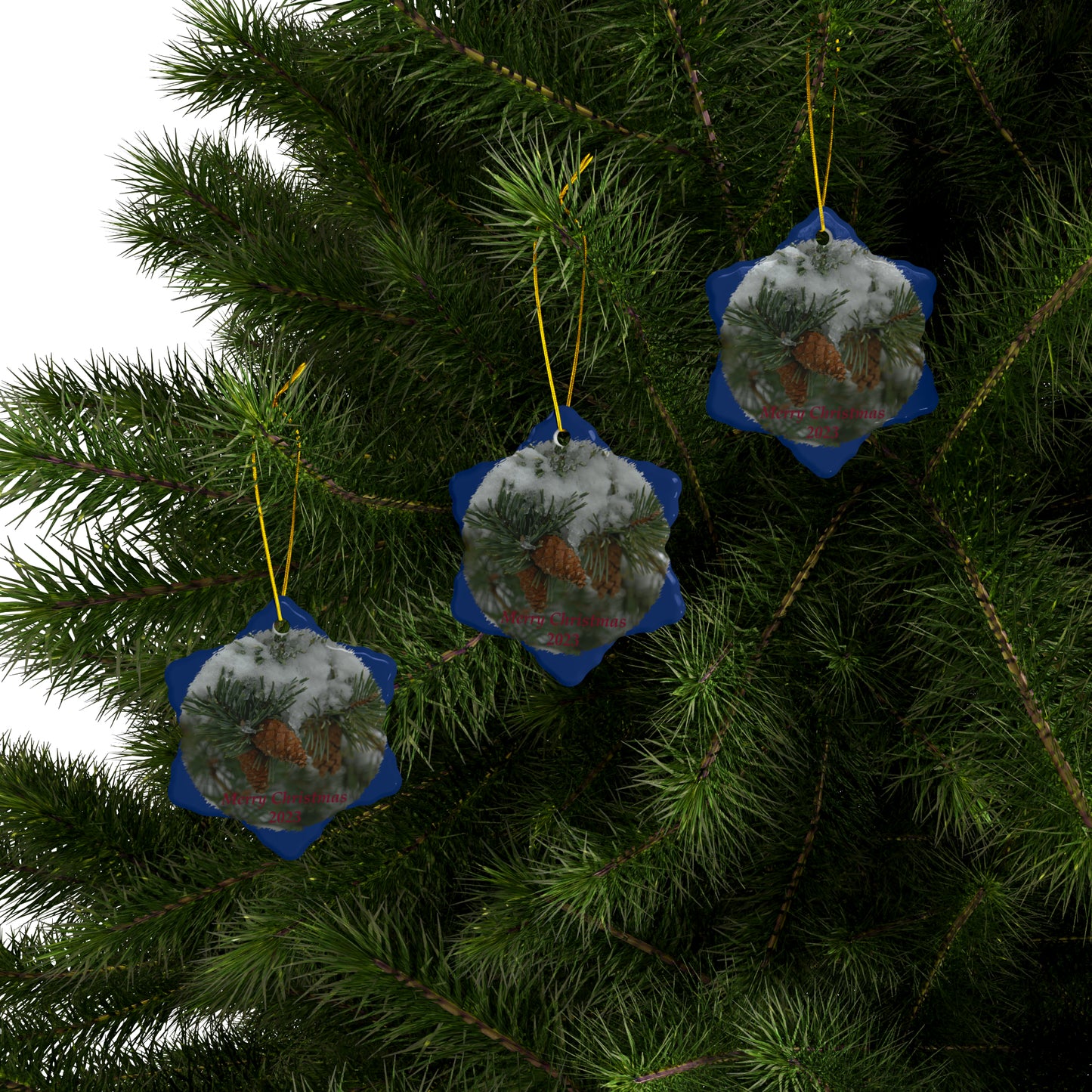 Snowy Fir Cones Merry Christmas 2023 Ceramic Ornaments