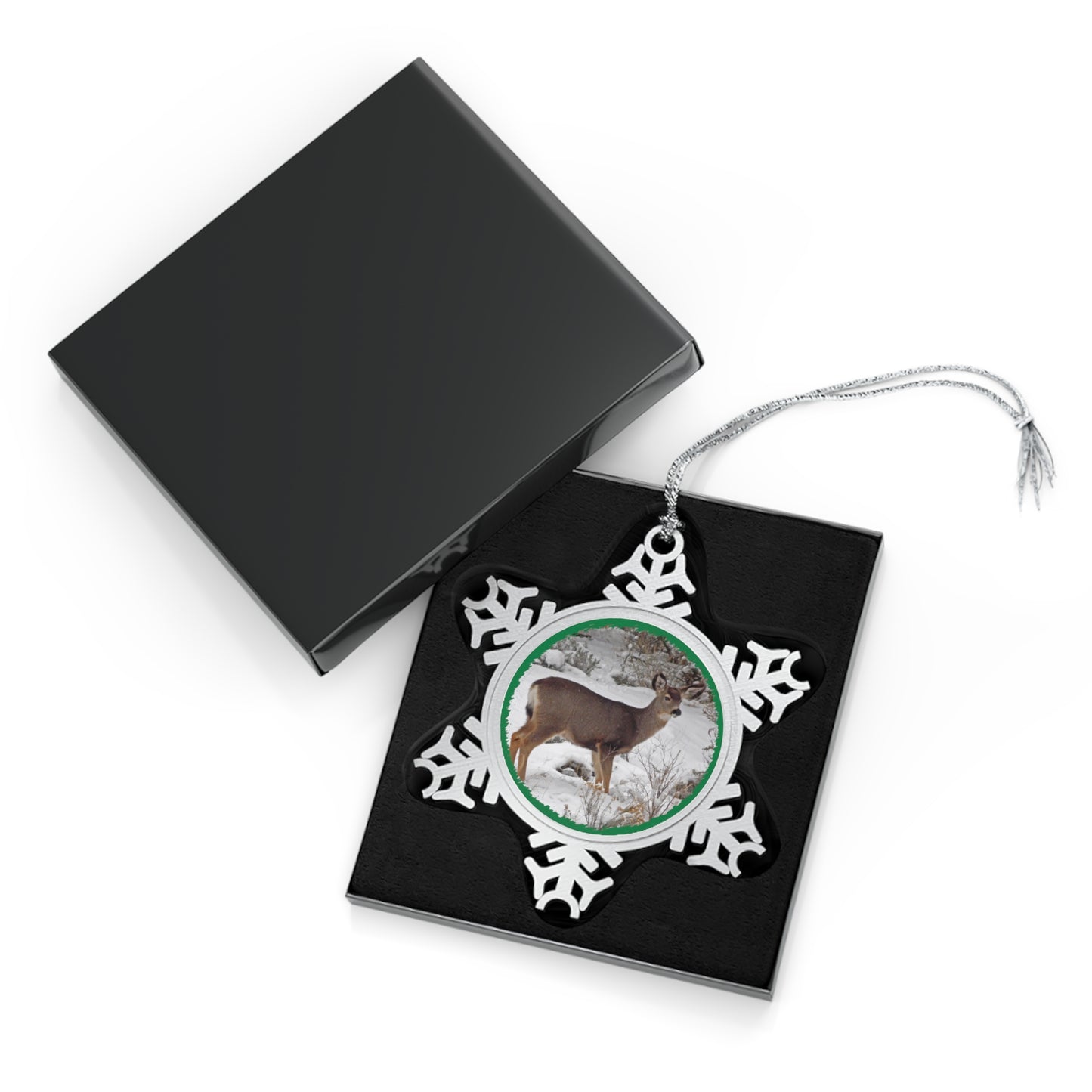 Snowy Deer Pewter Snowflake Ornament