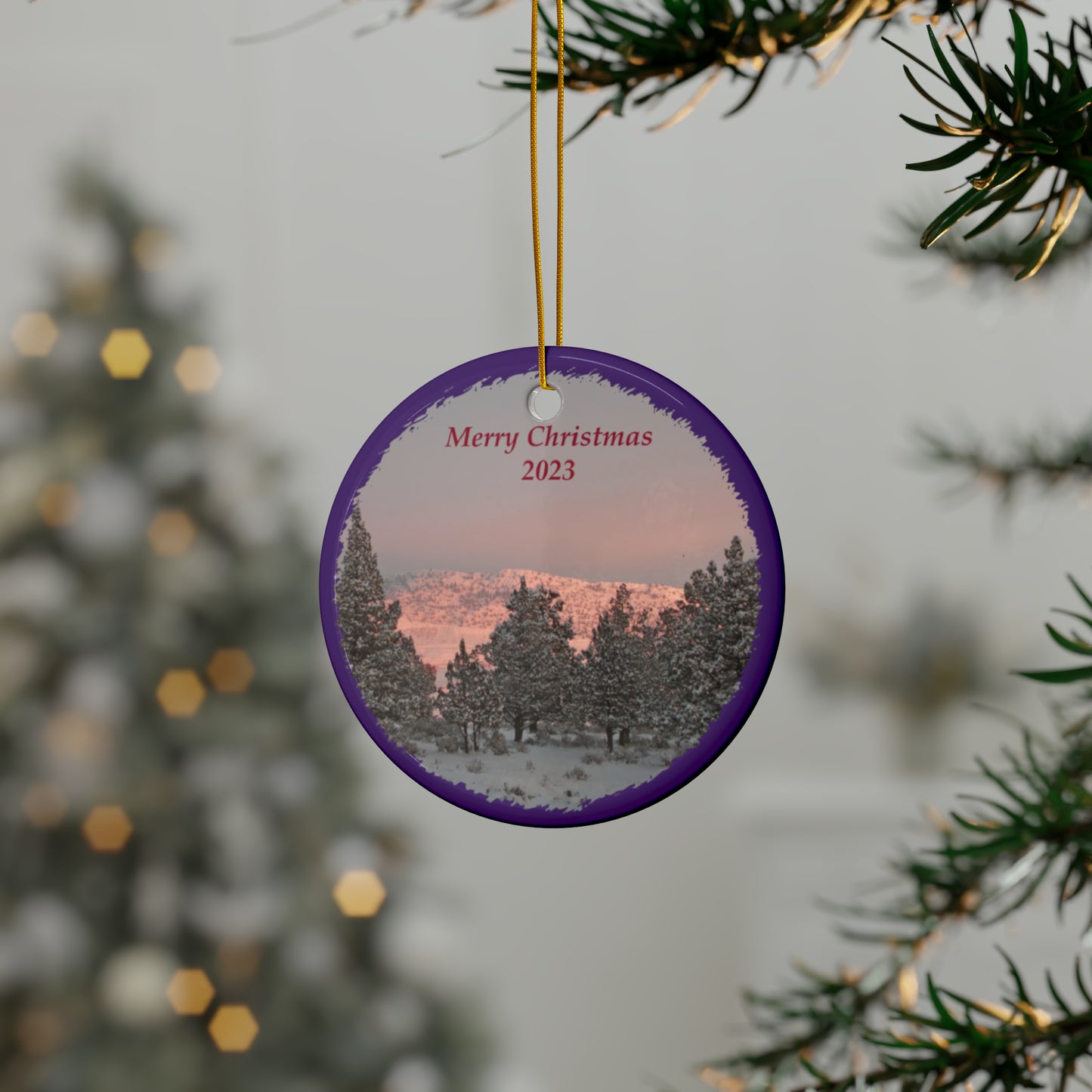 Winter Sunset Merry Christmas 2023 Ceramic Ornaments