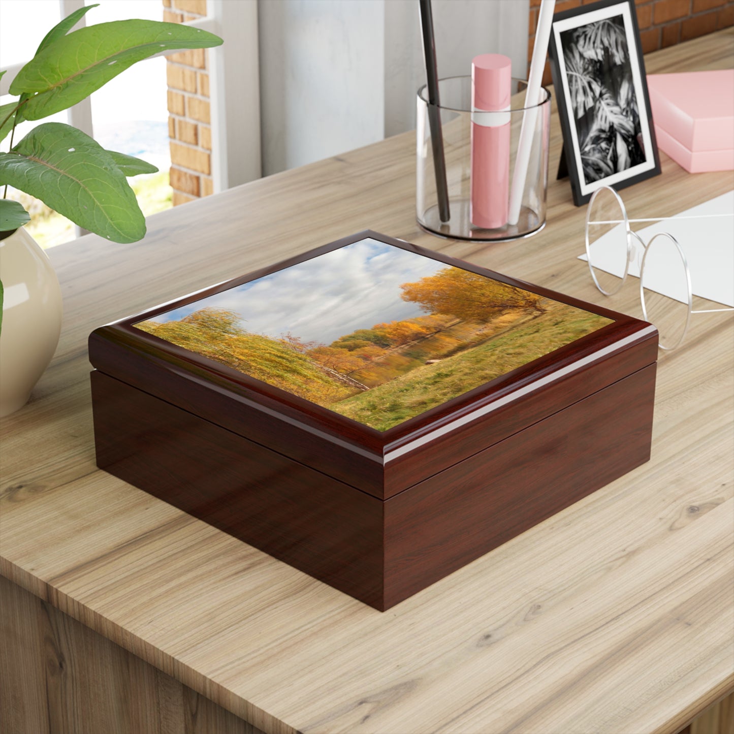 Golden Autumn Pond Jewelry Box ~ 7.24"