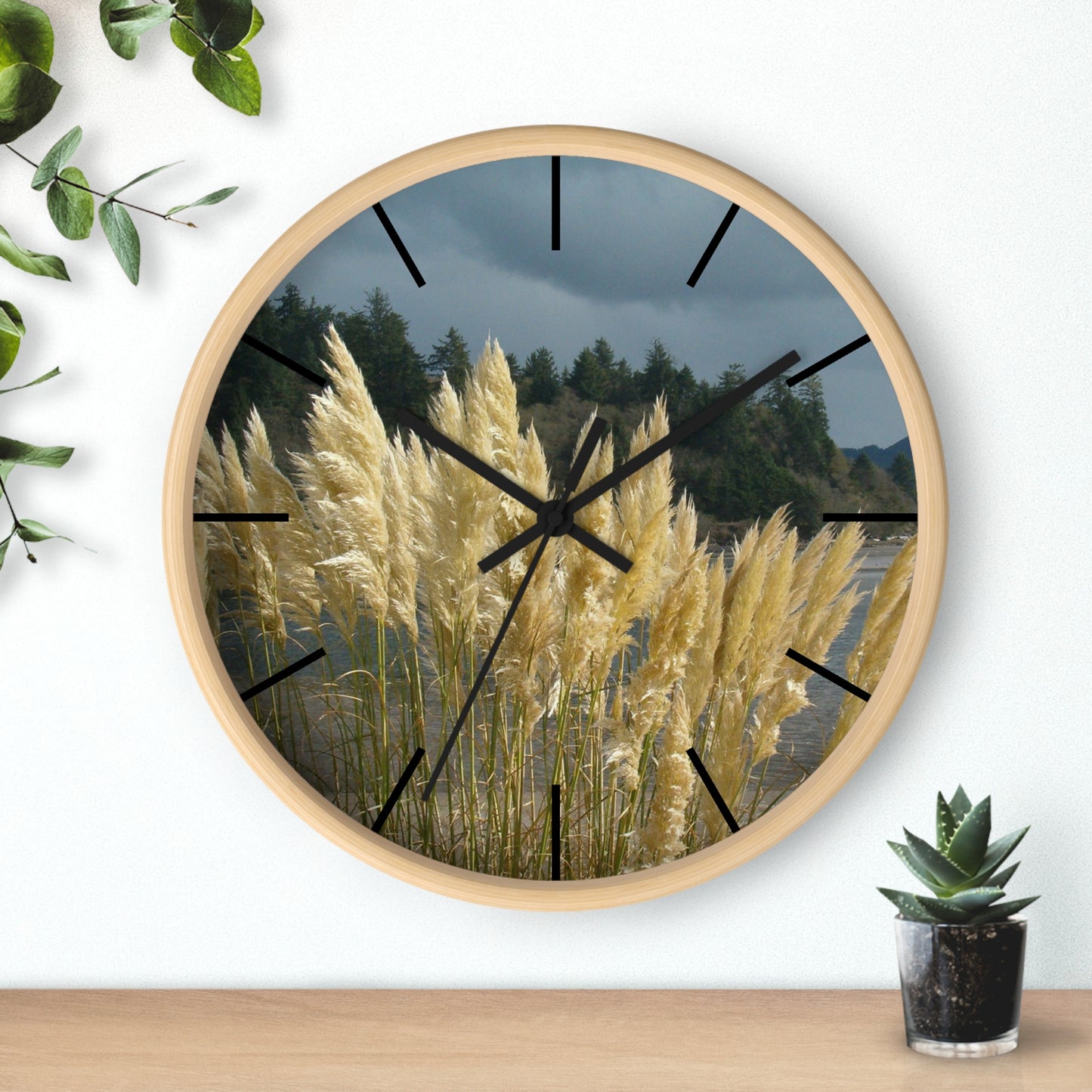 Golden Coastal Pampas Wall Clock
