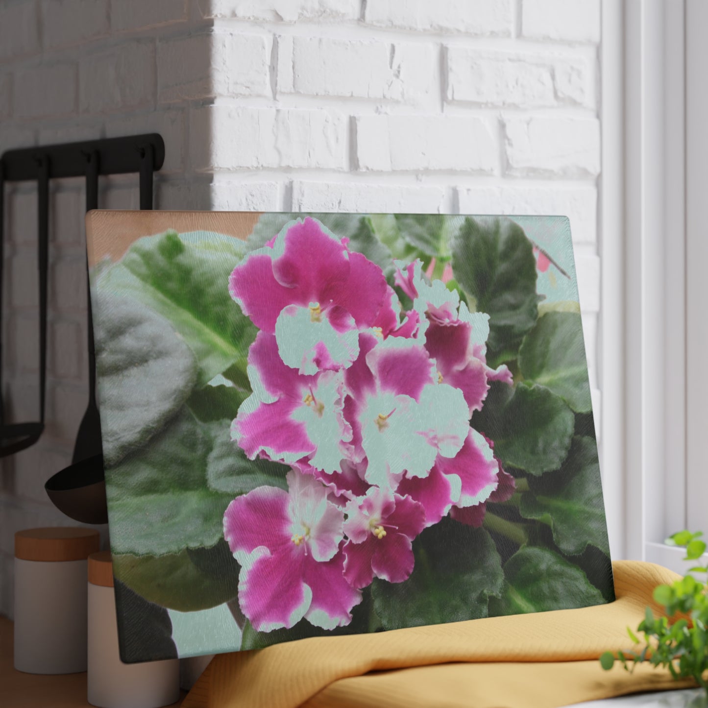 African Violets Glass Cutting Board Hand Wash