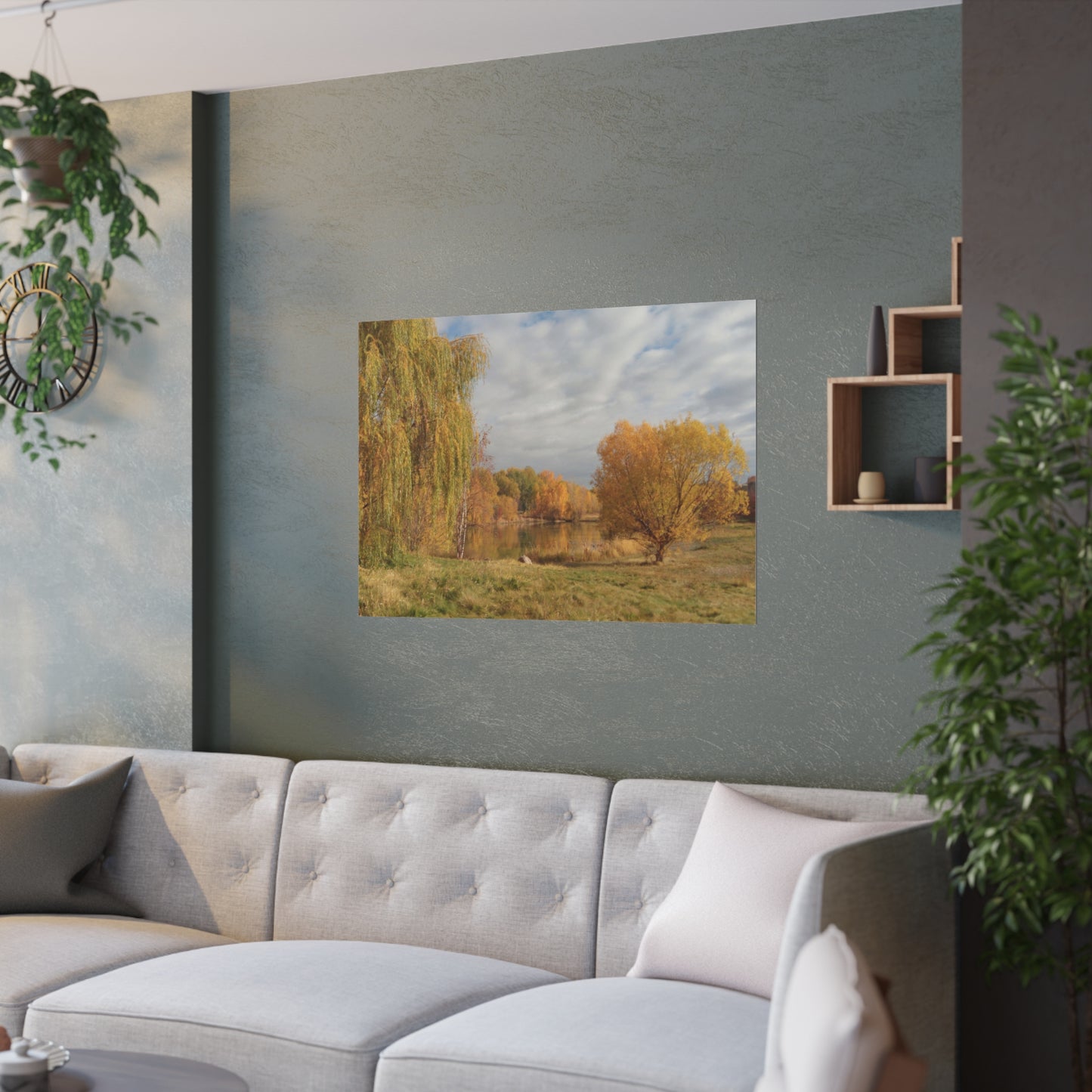 Golden Autumn Pond Satin Posters