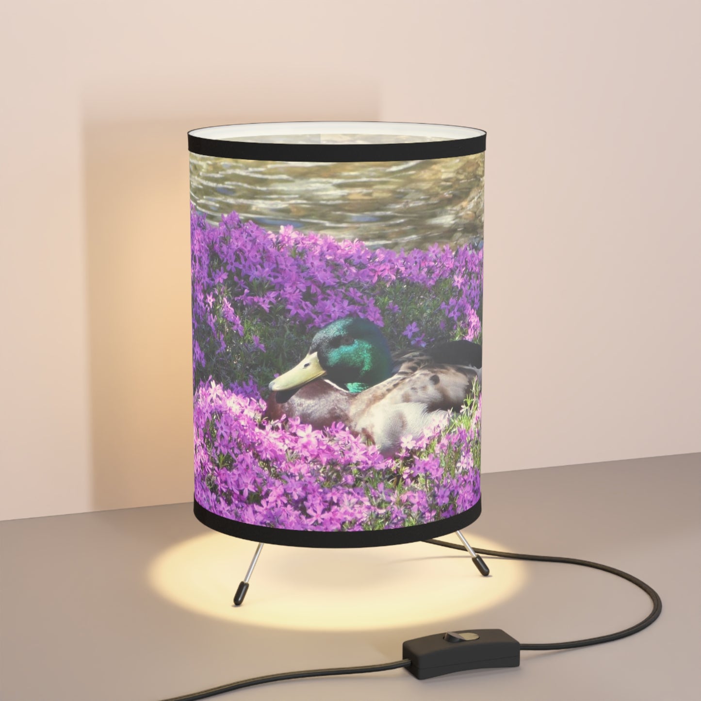 Duck Resting In Flowers Tripod Lamp