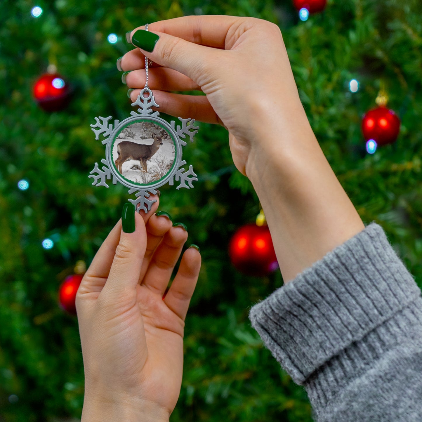 Snowy Deer Pewter Snowflake Ornament