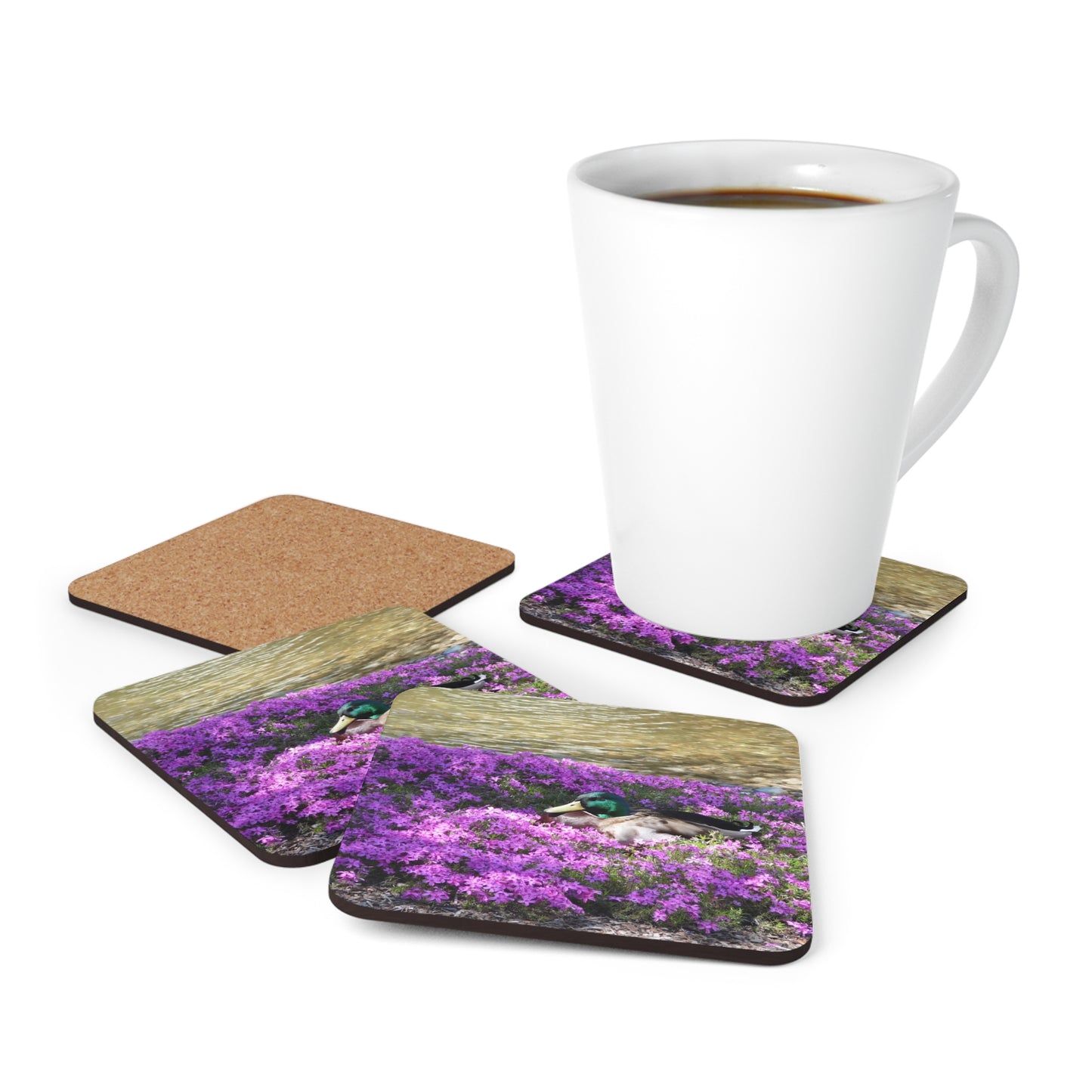 Duck Resting In Flowers Corkwood Coaster Set