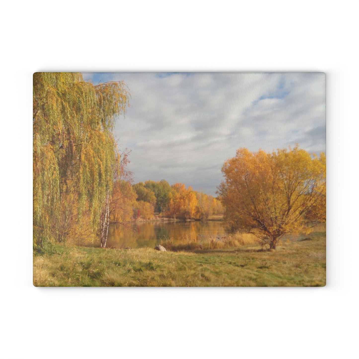 Golden Autumn Pond Glass Cutting Board Hand Wash