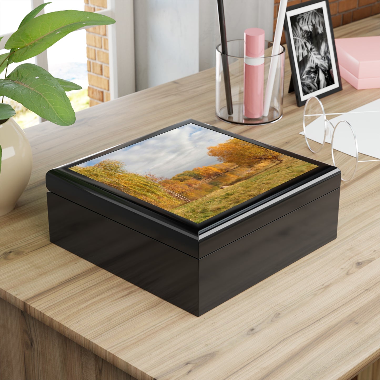 Golden Autumn Pond Jewelry Box ~ 7.24"