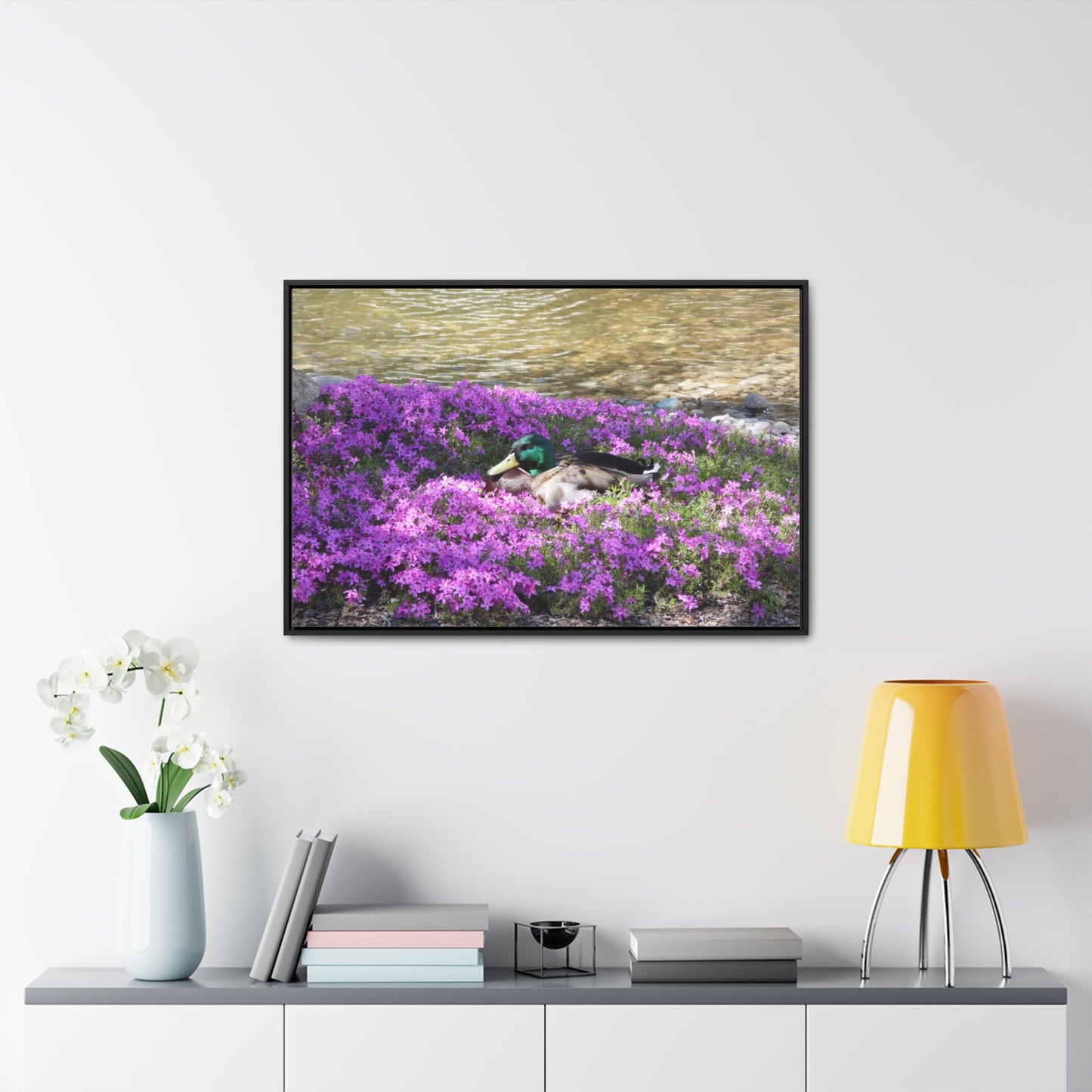 Duck Resting In Flowers Gallery Canvas Wraps Framed