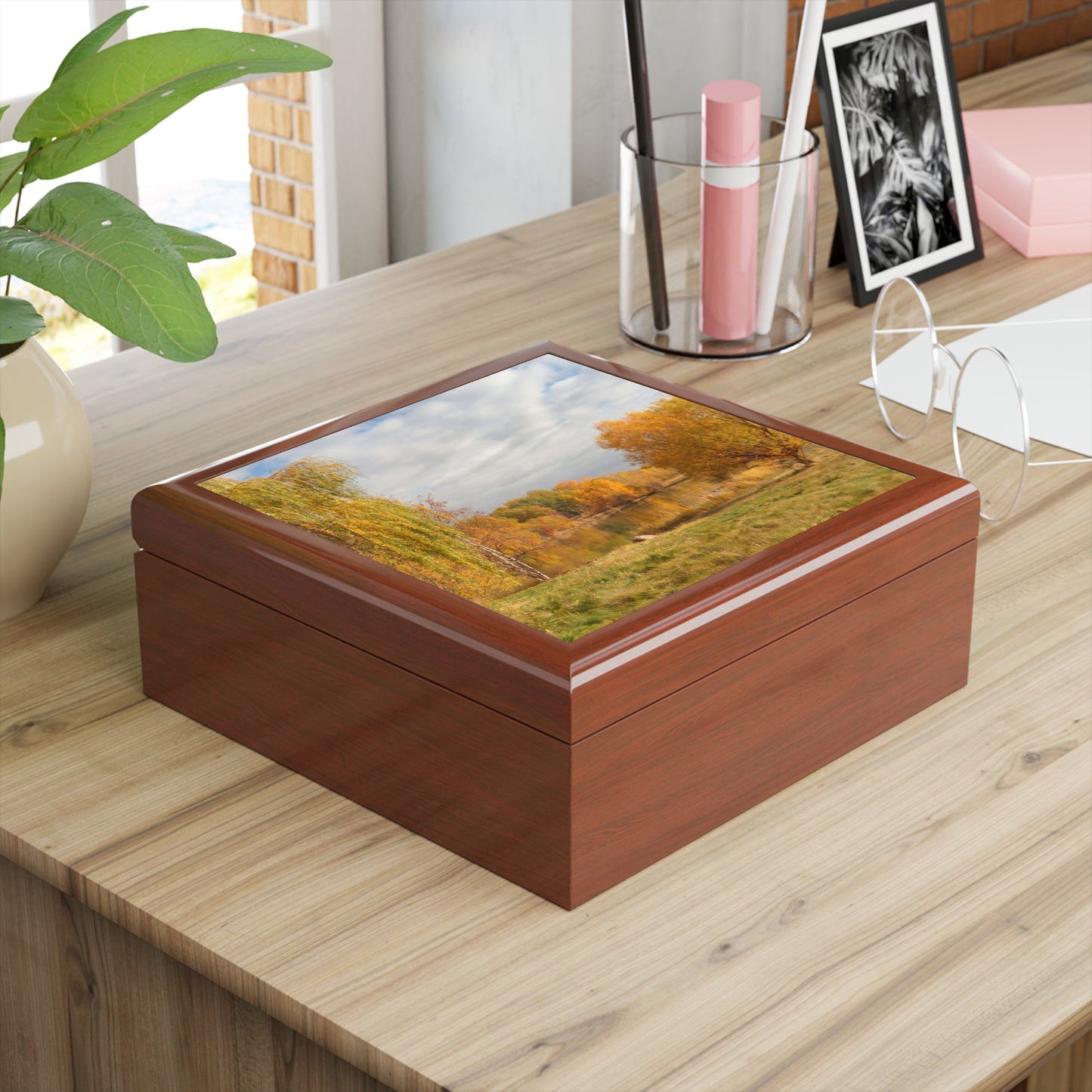 Golden Autumn Pond Jewelry Box ~ 7.24"