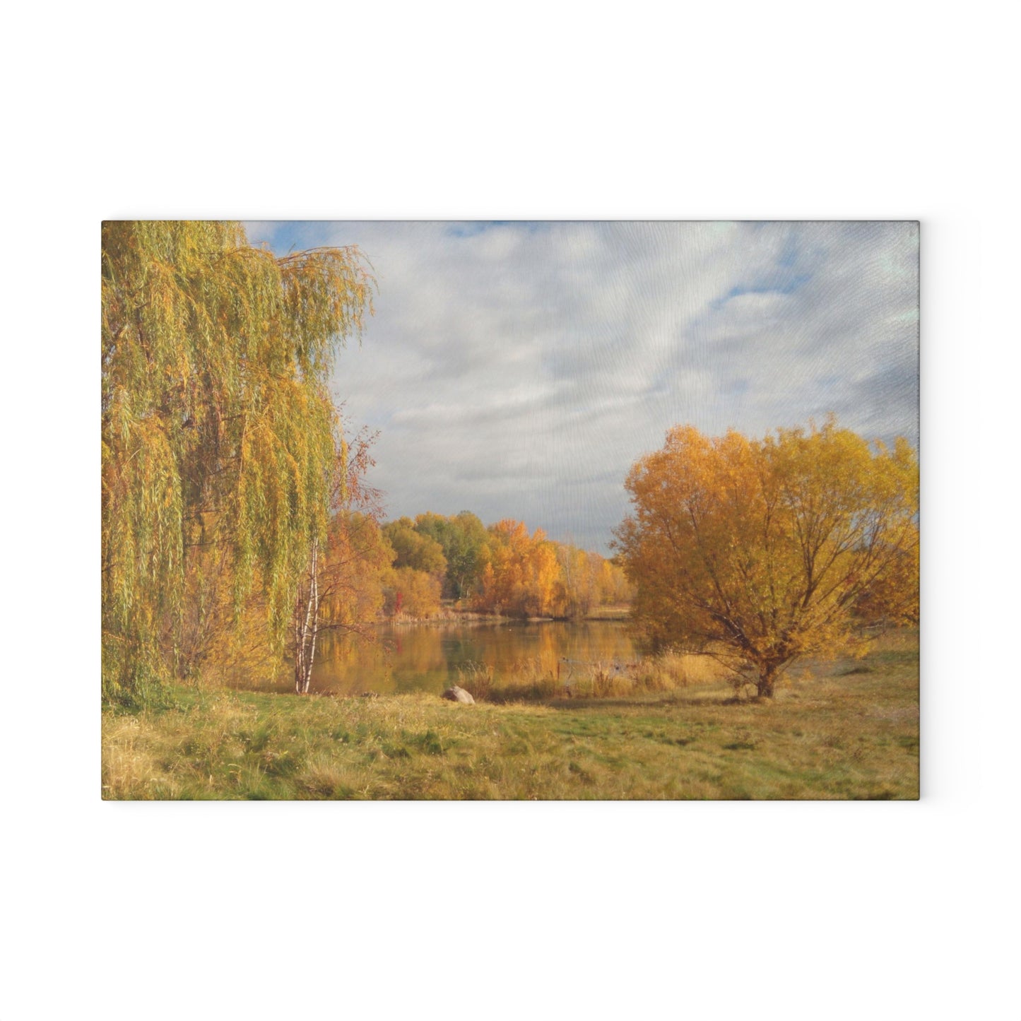 Golden Autumn Pond Glass Cutting Board Hand Wash