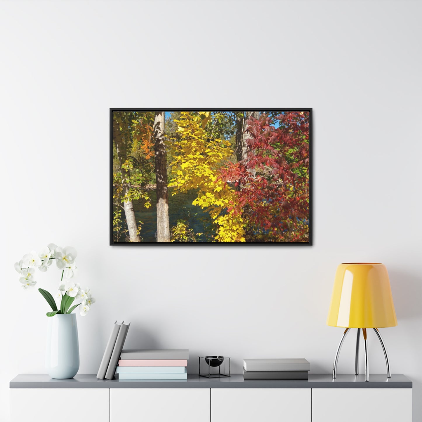 River & Autumn Leaves Gallery Canvas Wraps Framed