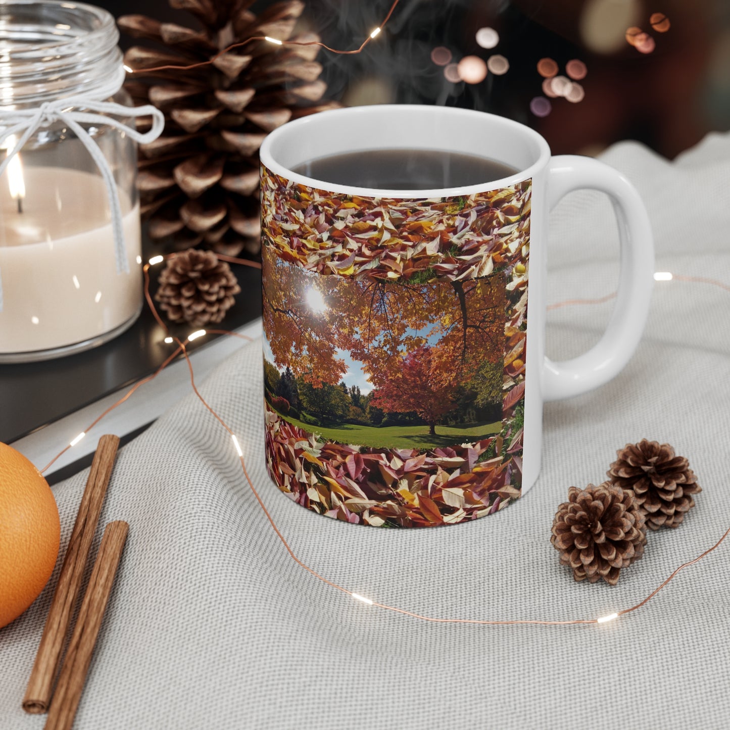 Autumn Light with Leaf background Ceramic Mug 11oz