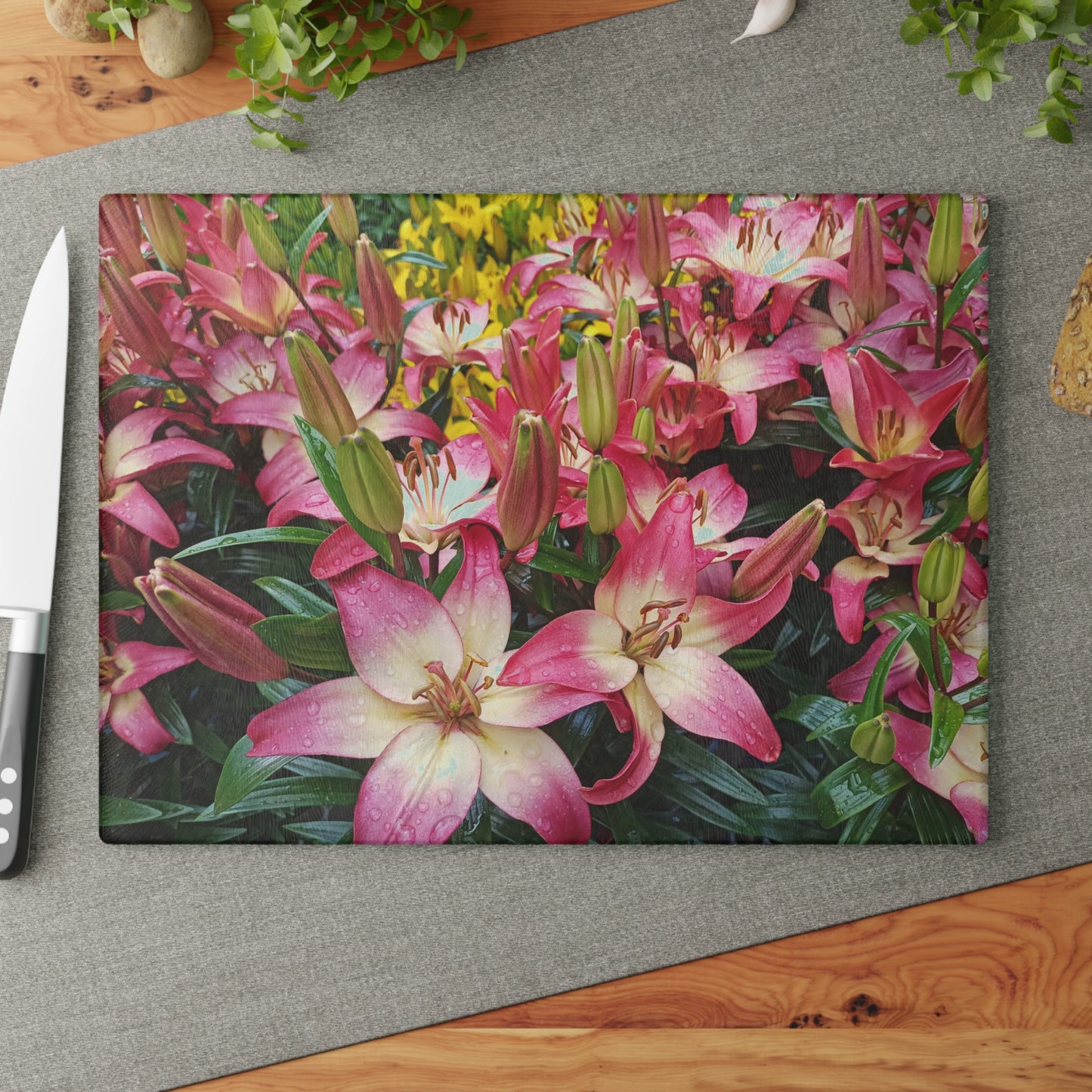 Lovely Lilies Glass Cutting Board Hand Wash