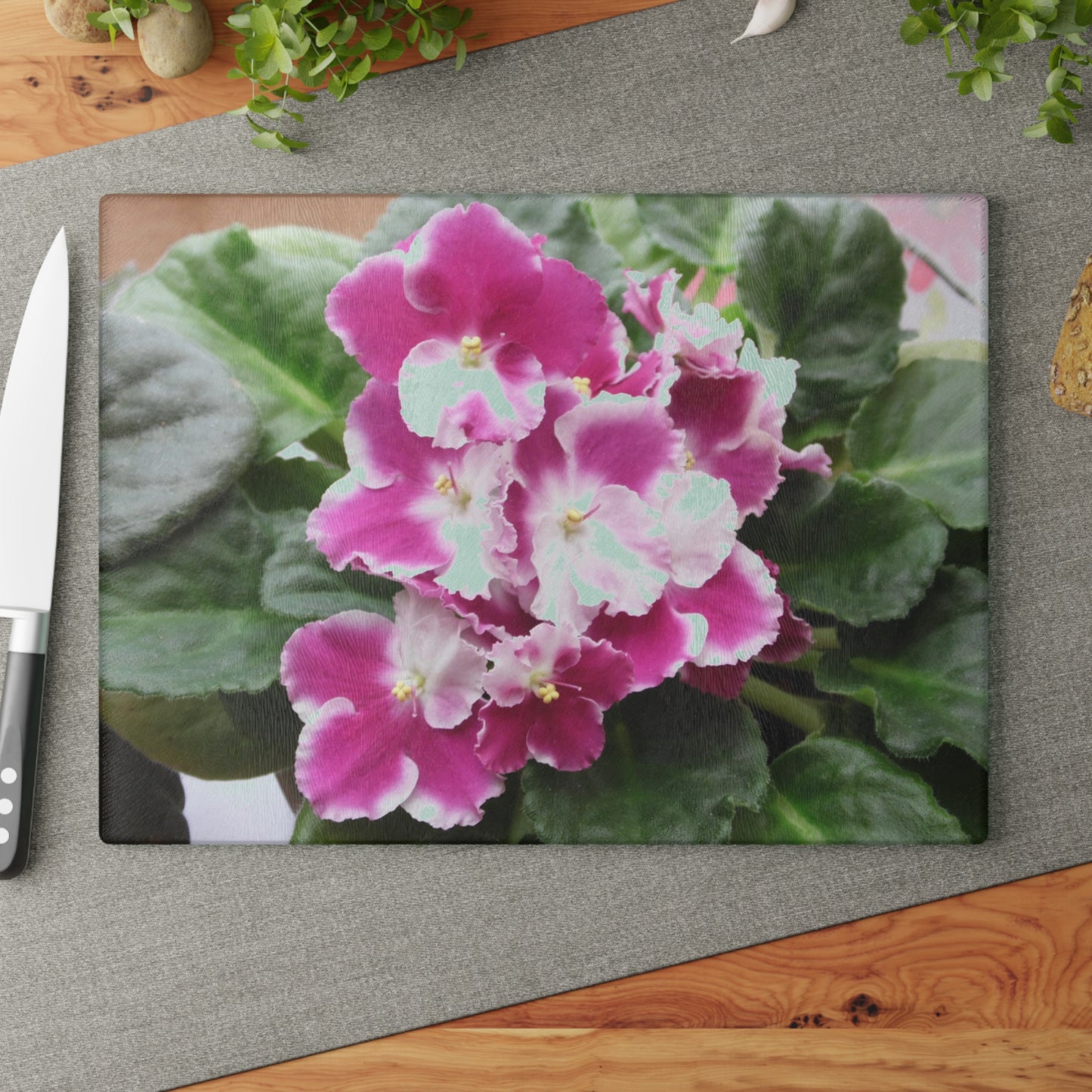 African Violets Glass Cutting Board Hand Wash