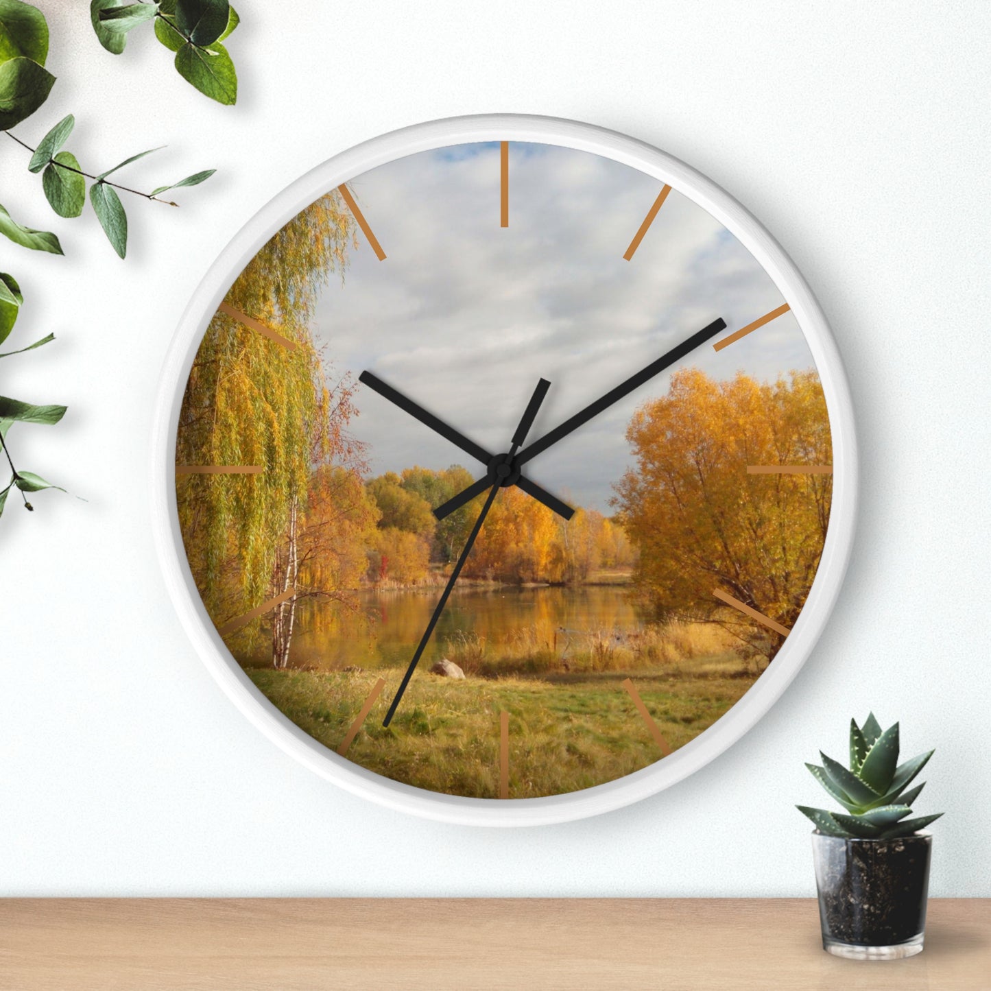 Golden Autumn Pond Wall Clock