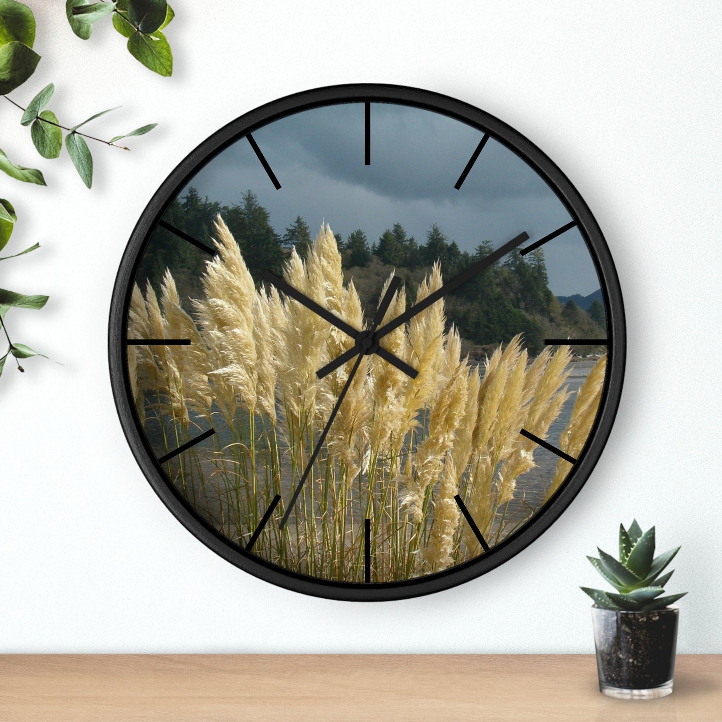 Golden Coastal Pampas Wall Clock