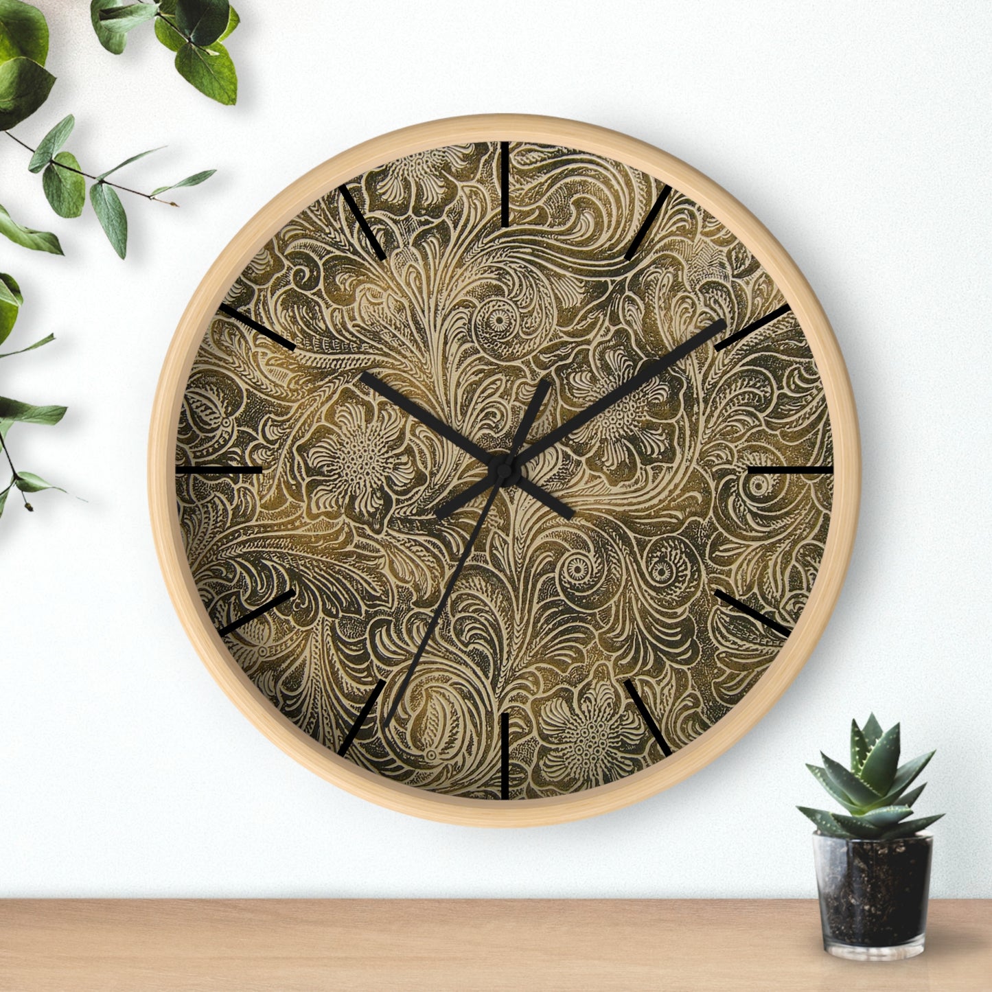 Western Leather Print Framed Wall Clock