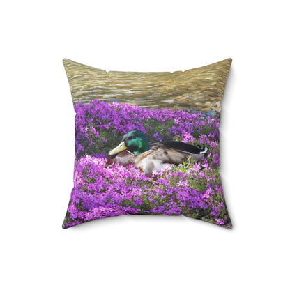 Duck Resting In Flowers Spun Polyester Square Pillow