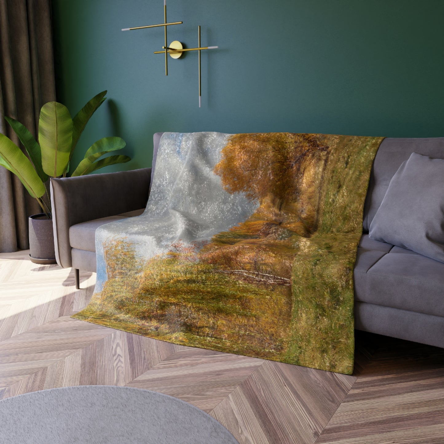 Golden Autumn Pond Shiny Crushed Velvet Blanket